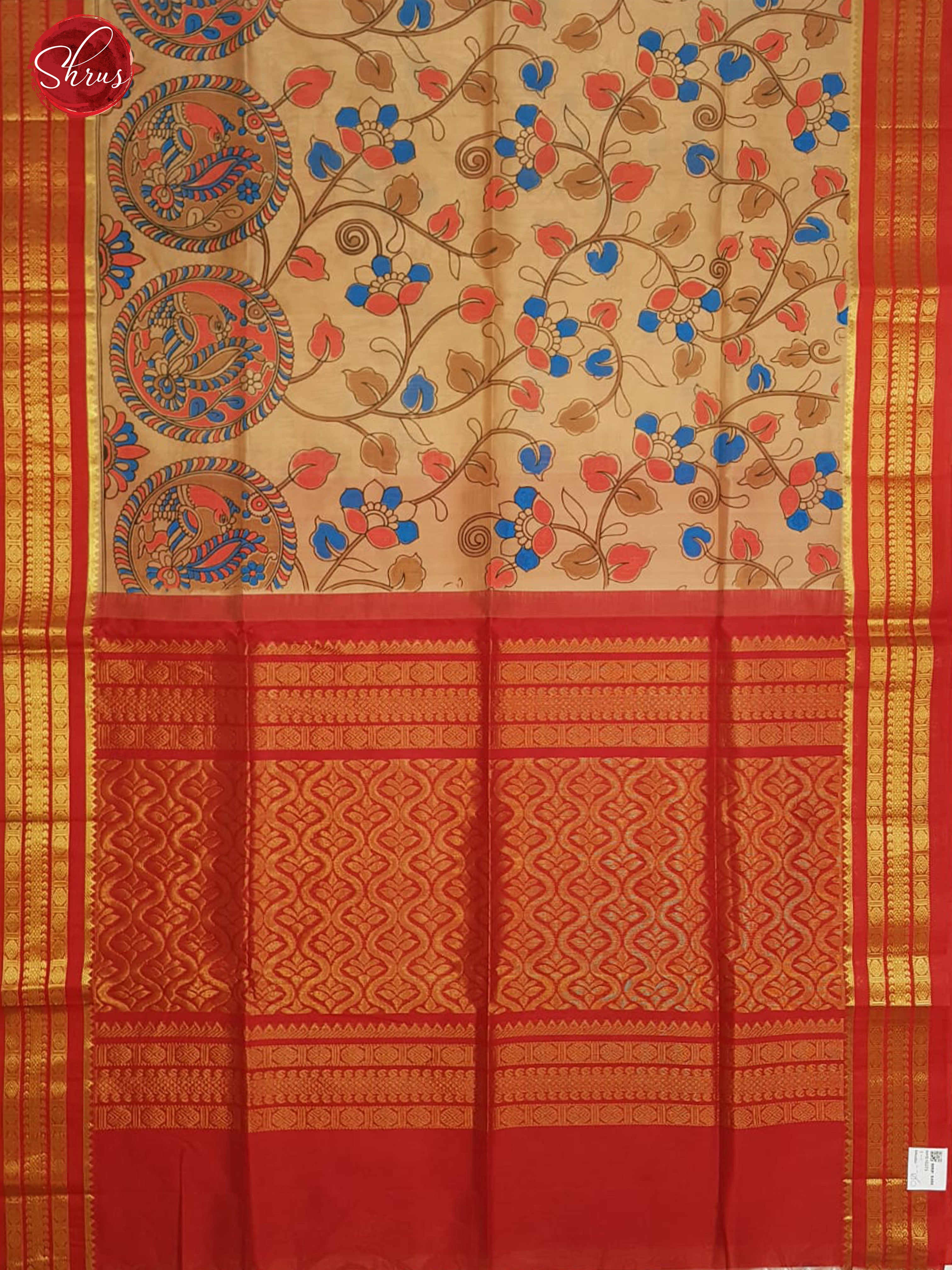 Biscuit & Red - Silk Cotton with Kalamkari print on the body & Contrast Zari Border - Shop on ShrusEternity.com
