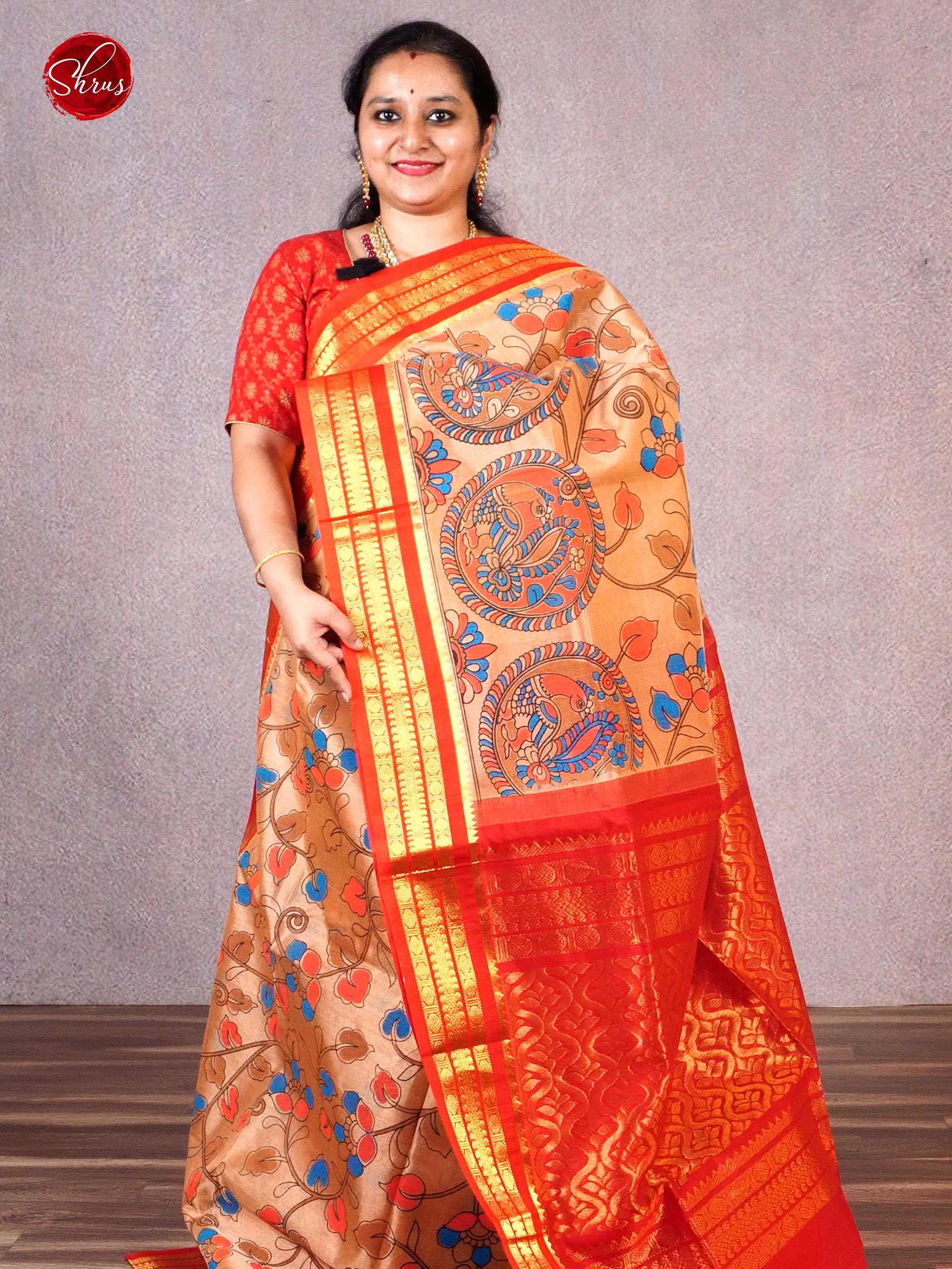 Biscuit & Red - Silk Cotton with Kalamkari print on the body & Contrast Zari Border - Shop on ShrusEternity.com