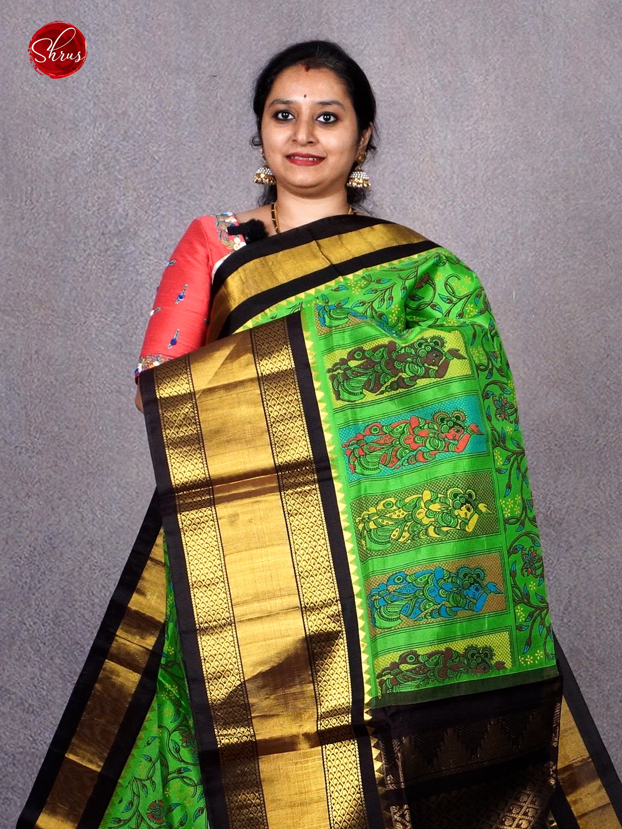 Parrot Green & Brown - Silk Cotton with floral print on the body & Contrast Zari border - Shop on ShrusEternity.com
