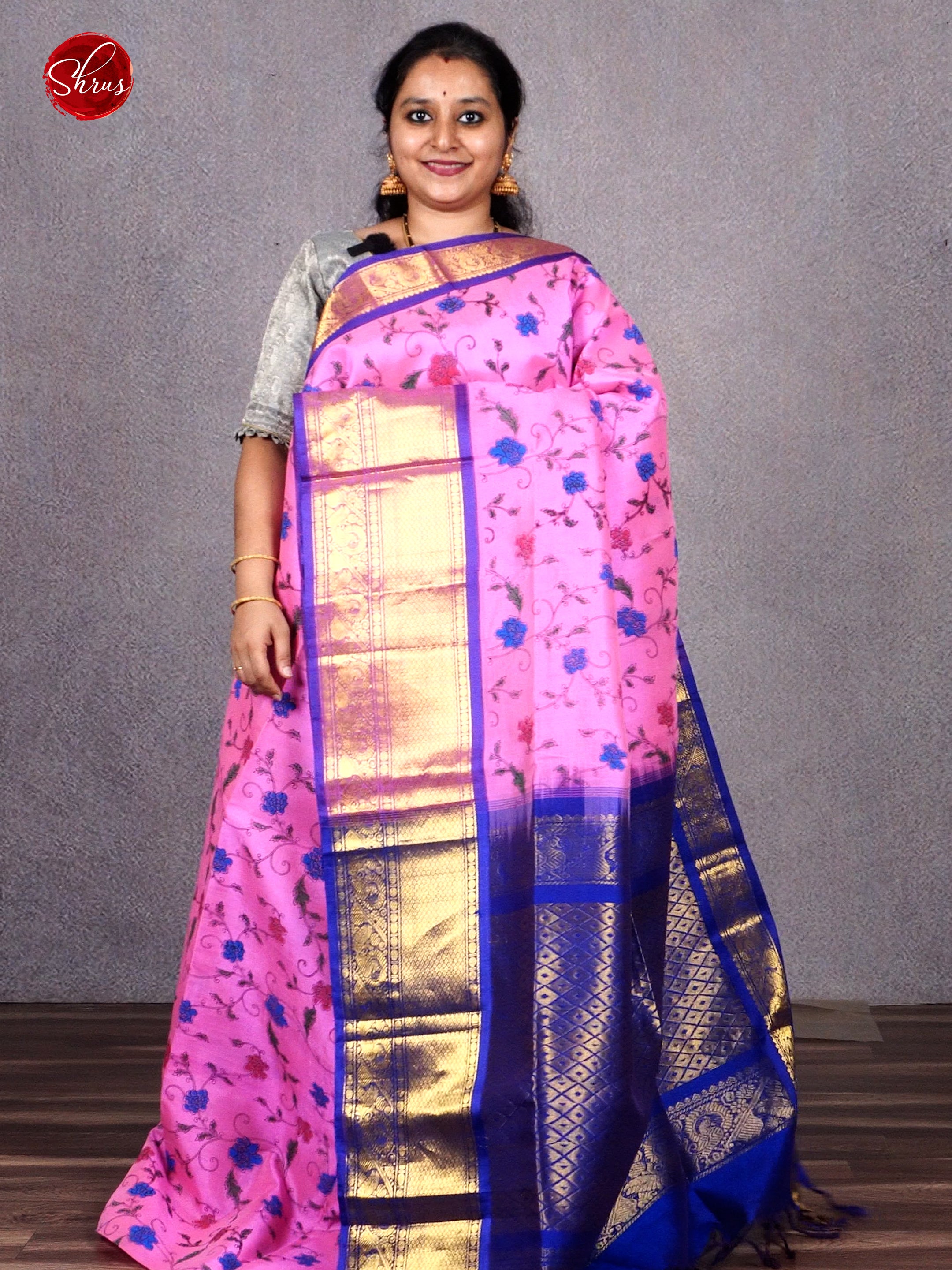 Pink & Navy Blue - Silk Cotton with floral print on the body & Contrast Zari Border - Shop on ShrusEternity.com