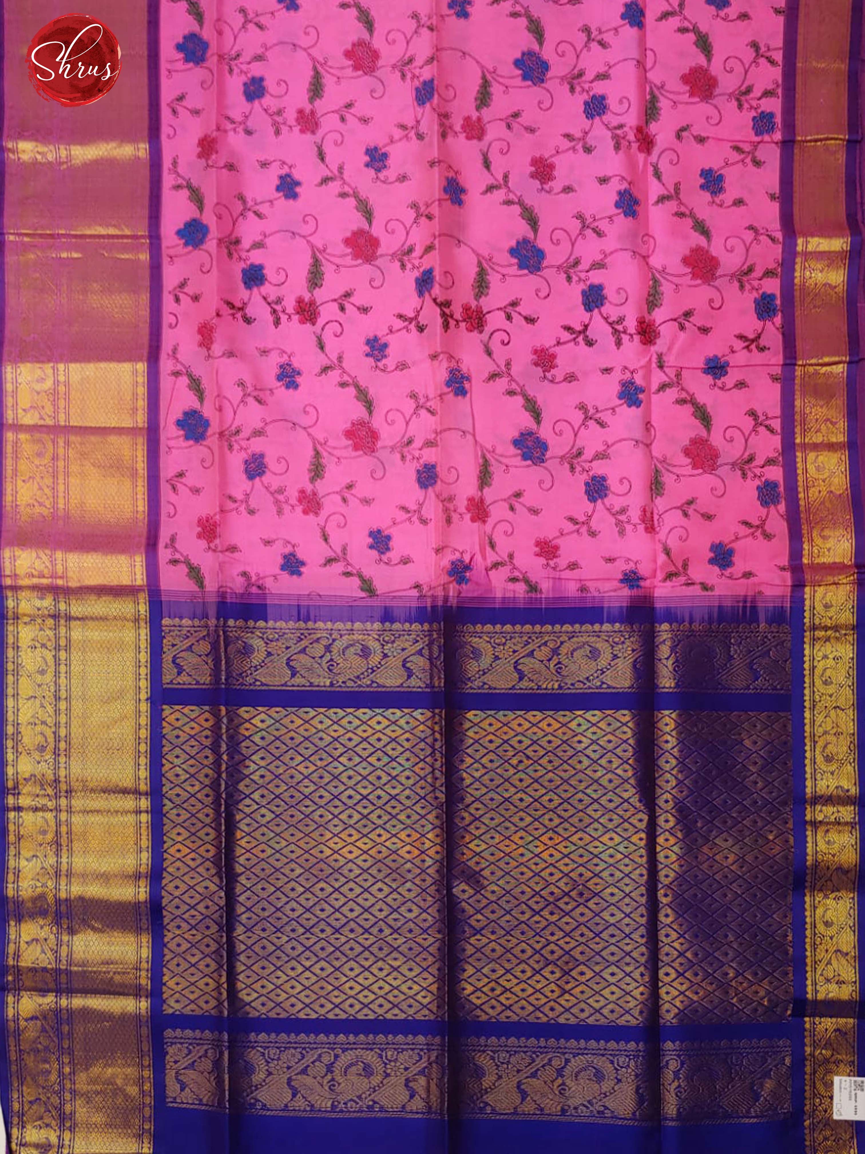 Pink & Navy Blue - Silk Cotton with floral print on the body & Contrast Zari Border - Shop on ShrusEternity.com