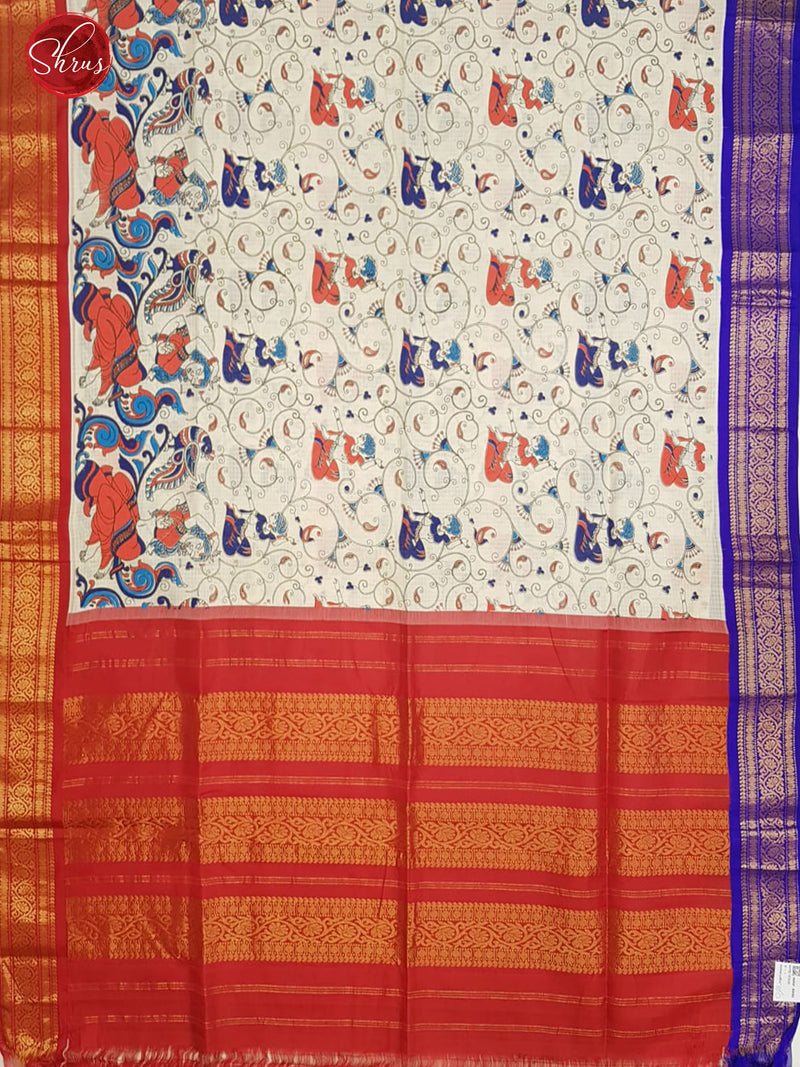Cream & Red - Gadwal Cotton with Kalamkari floral print on the body & with Pure Silk Borders - Shop on ShrusEternity.com