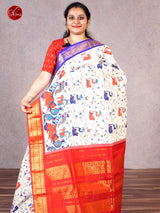 Cream & Red - Gadwal Cotton with Kalamkari floral print on the body & with Pure Silk Borders - Shop on ShrusEternity.com