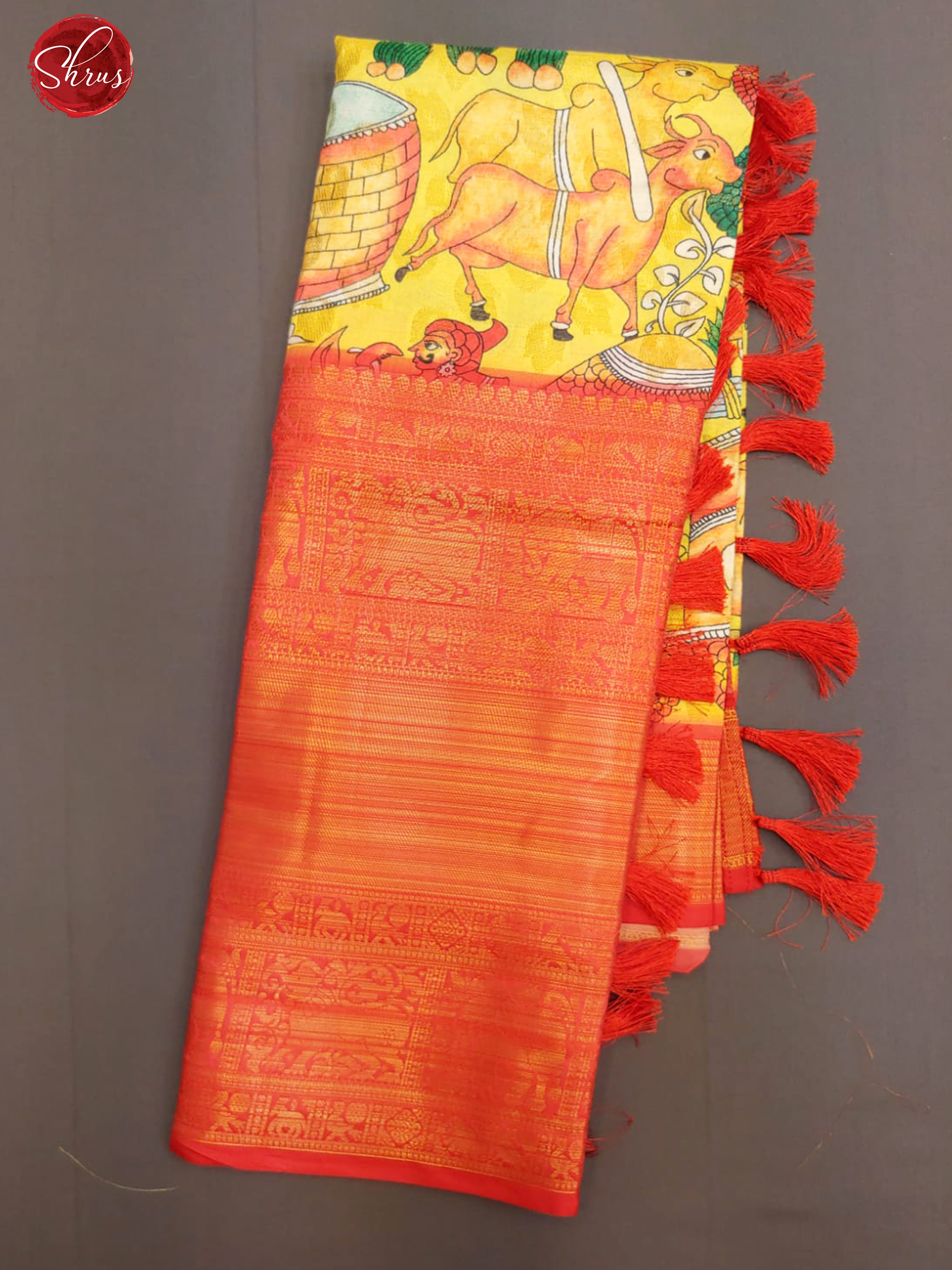 Yellow & Red - Semi Dupion with nature print on the Body & Zari Border - Shop on ShrusEternity.com