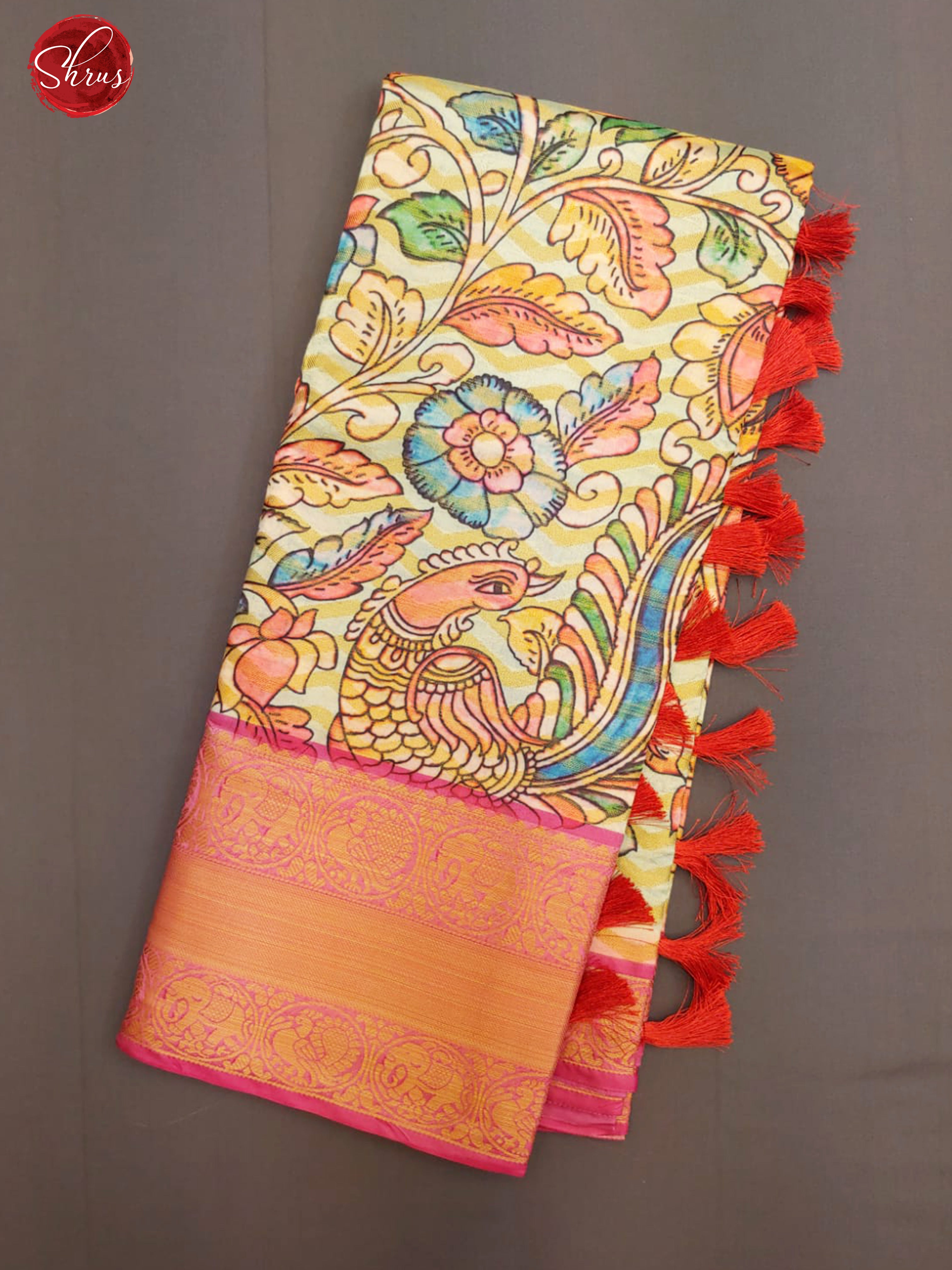 Yellow & Pink - Semi Dupion with floral print on the body & Zari Border - Shop on ShrusEternity.com