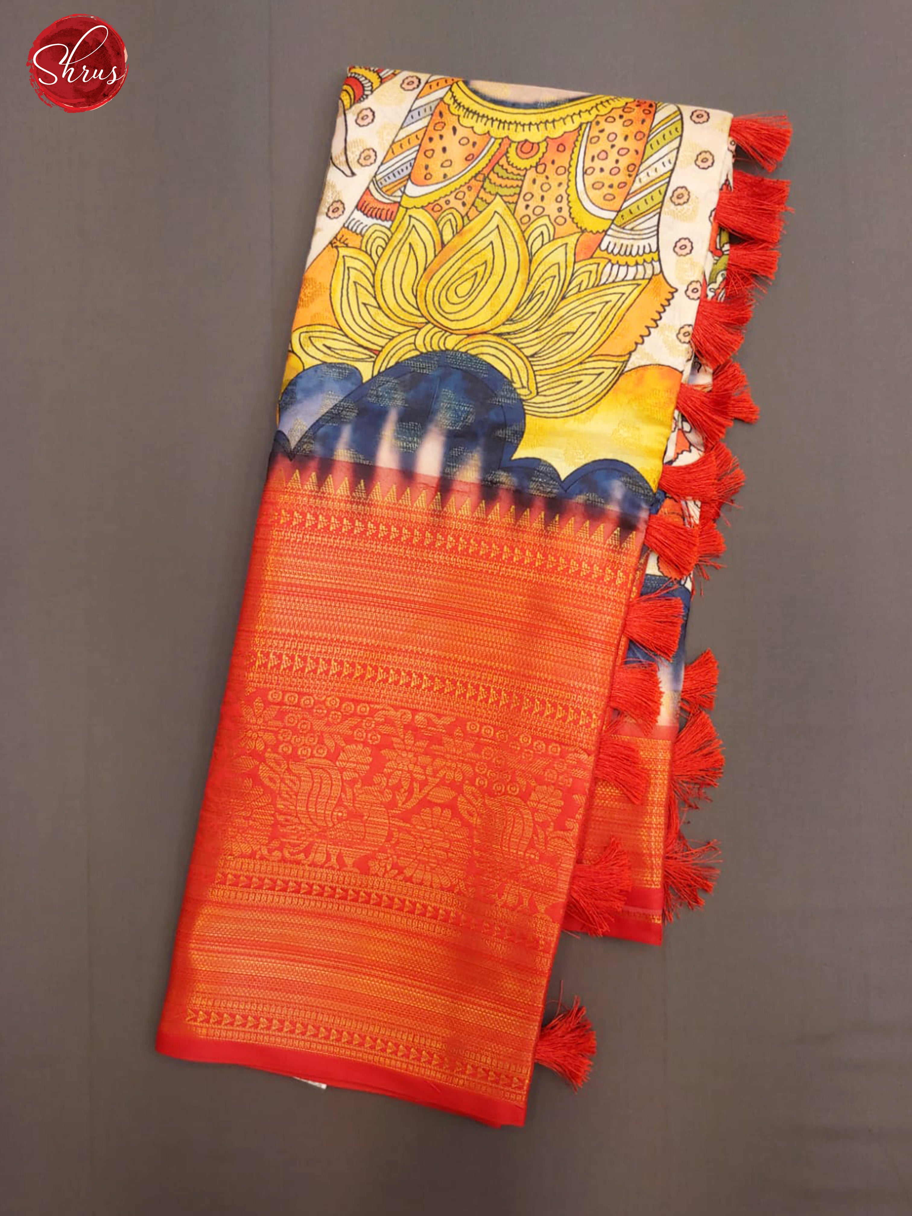 Cream & Red- Semi Dupion with goddess print on the body & Contrast Zari Border - Shop on ShrusEternity.com
