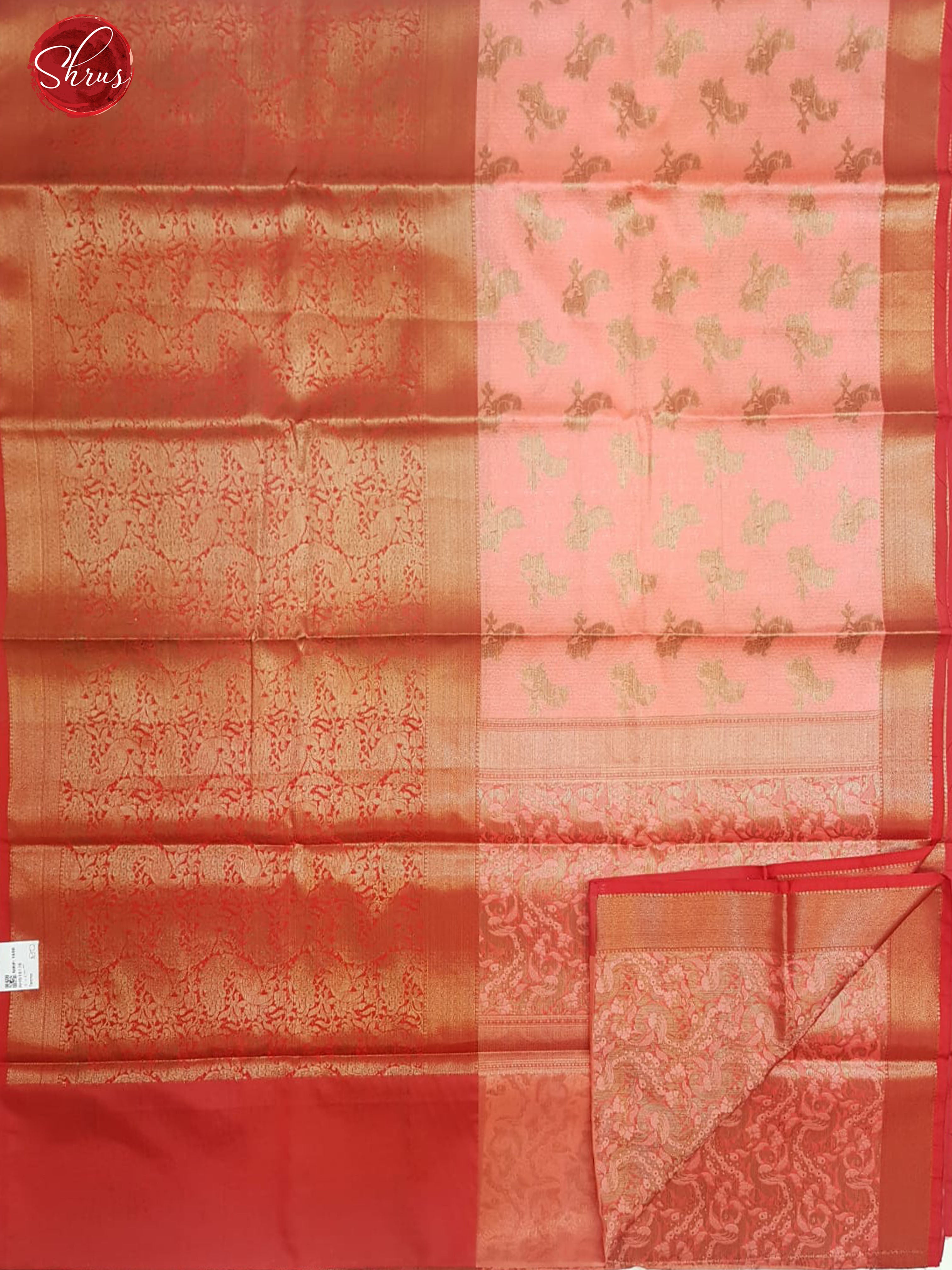 Pink & Red - Tanchoi Semi Silk with zari woven peacock motifs on the body & contrast Zari woven border - Shop on ShrusEternity.com