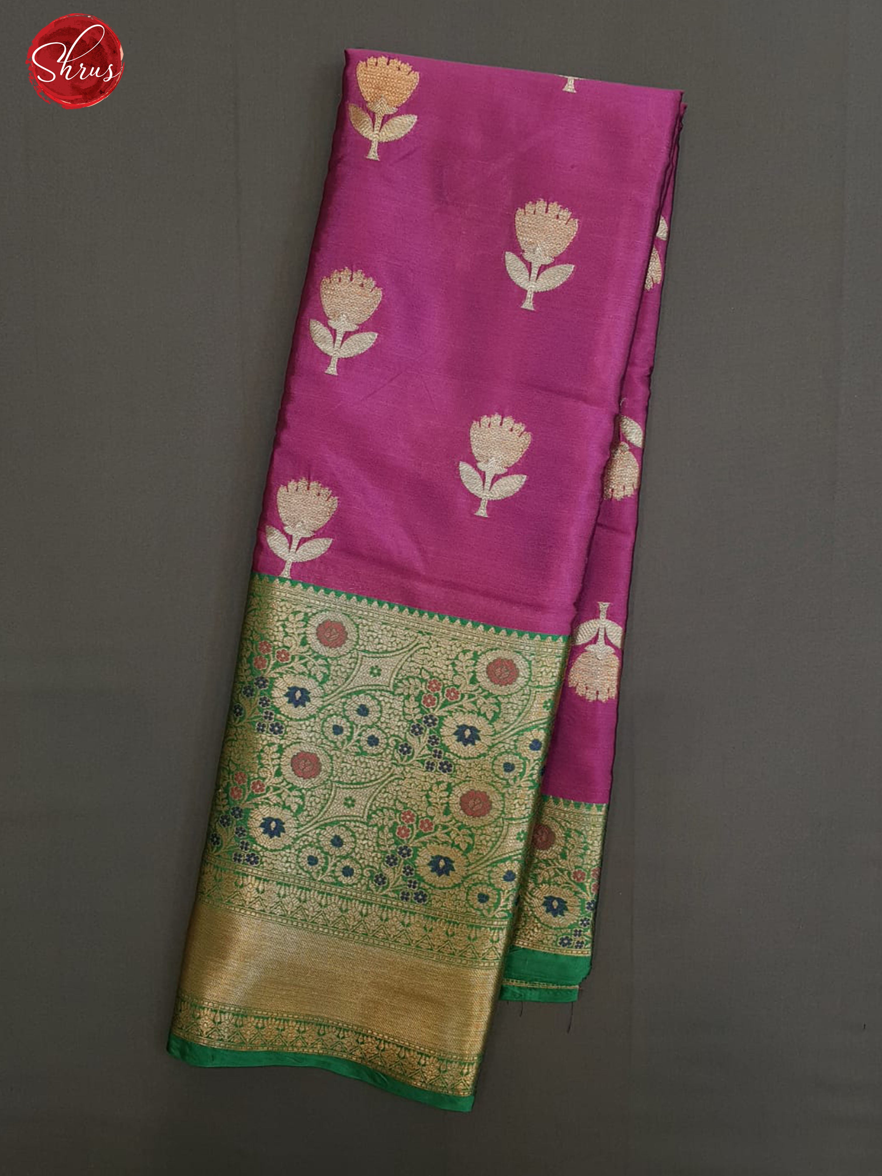 Purple & Green - Semi Kanchipuram Silk with zari woven floral buttas on the Body & Contrast Zari Border - Shop on ShrusEternity.com