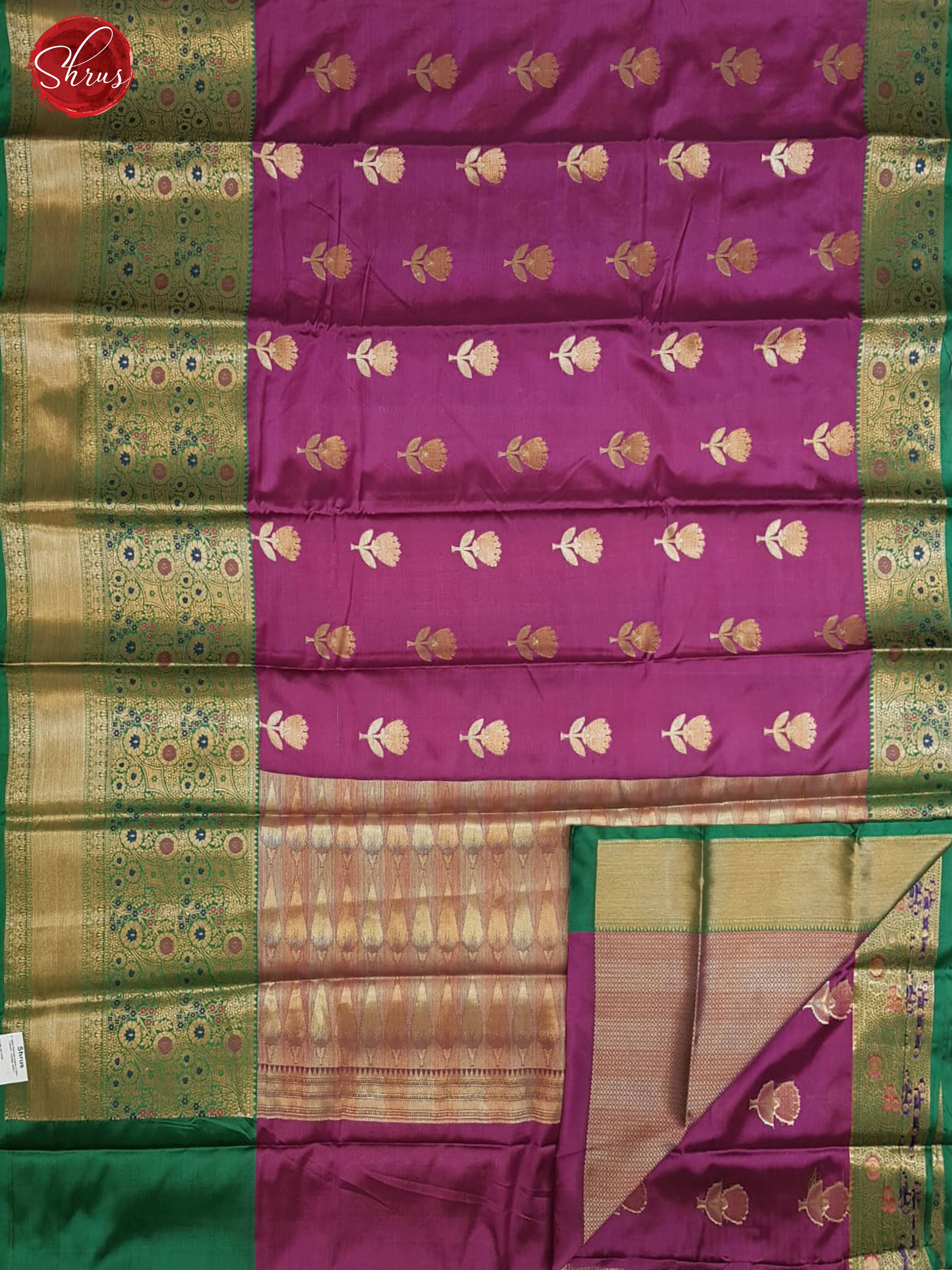 Purple & Green - Semi Kanchipuram Silk with zari woven floral buttas on the Body & Contrast Zari Border - Shop on ShrusEternity.com