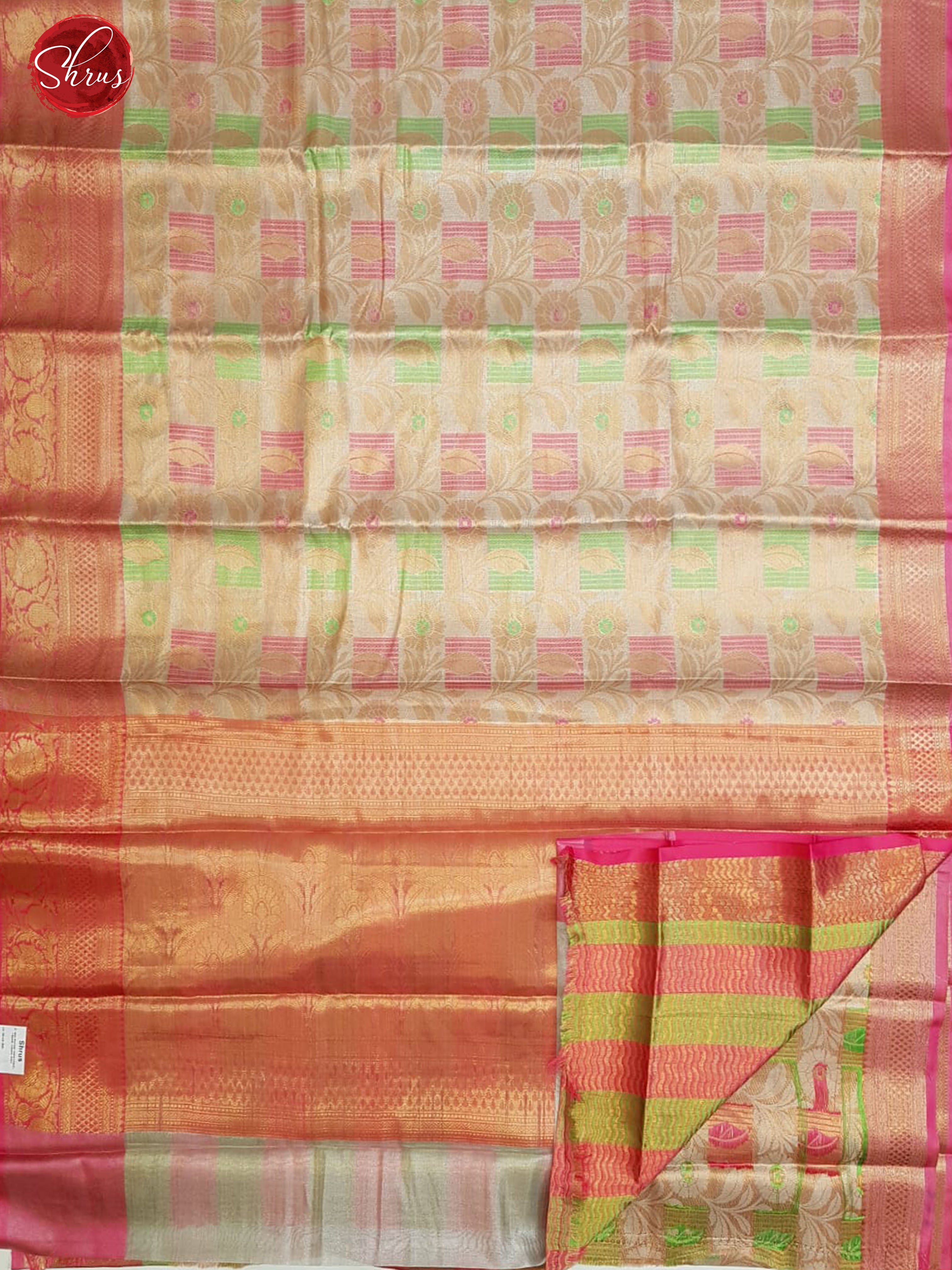 Grey & Pink - Kora Banarasi with zari woven floral brocade on the body& Contrast Zari Border - Shop on ShrusEternity.com