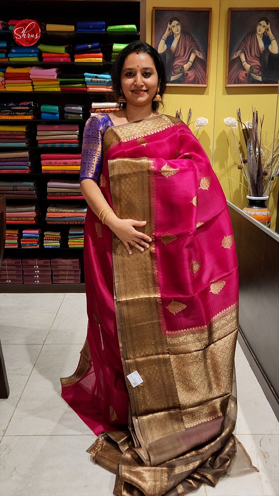 Majenta Pink & Brown - Organza with zari woven floral motifs on the body & Contrast Zari Border - Shop on ShrusEternity.com