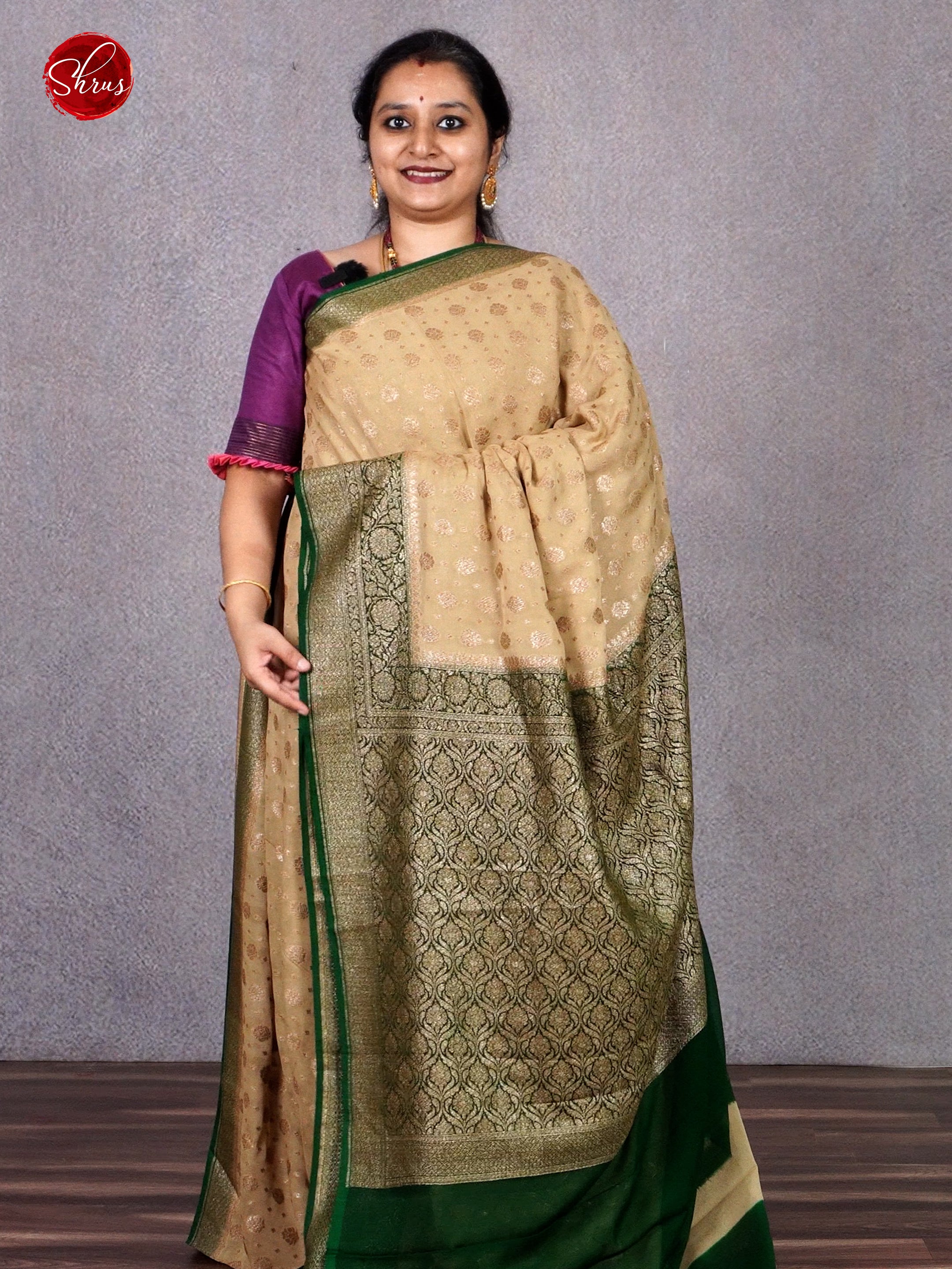 Beige & Green - Georgette Silk with zari woven buttas on the body & Contrast Zari Border - Shop on ShrusEternity.com