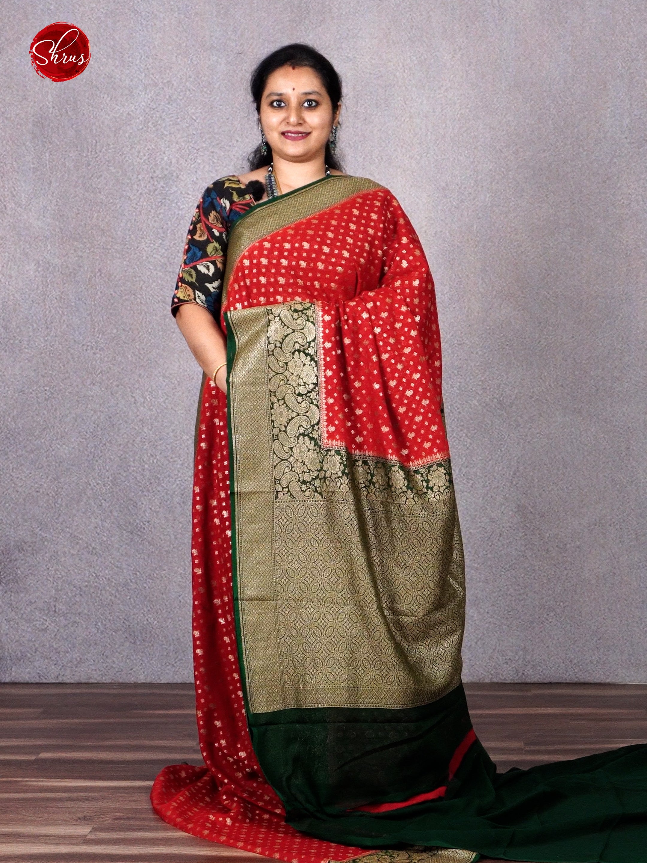 Red & green - Georgette Silk withzari woven floral buttas on the body & Contrast Zari Border - Shop on ShrusEternity.com