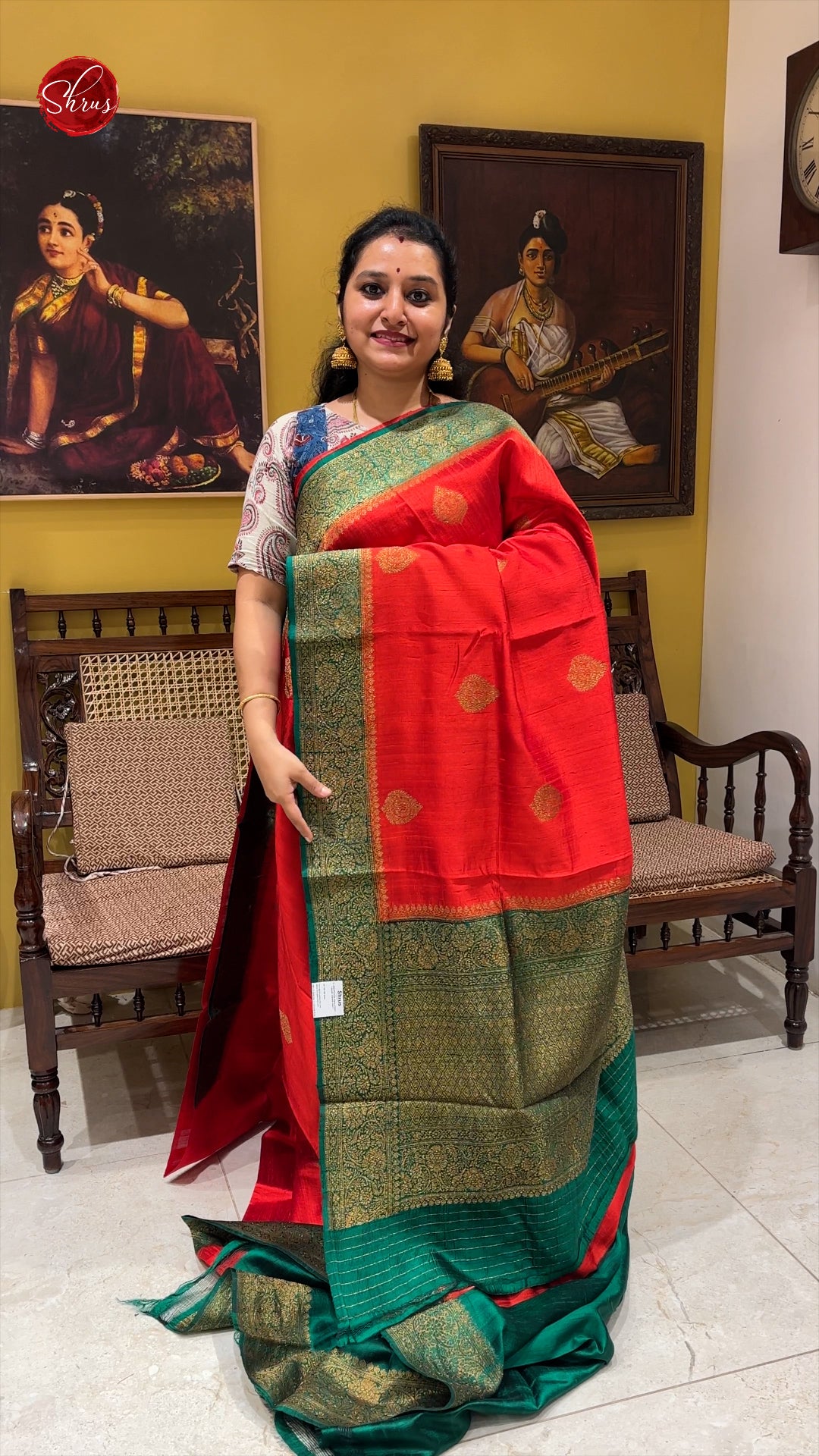Red & Green - Dupion Silk with Zari woven floral motifs on the body & Contrast Zari Border - Shop on ShrusEternity.com