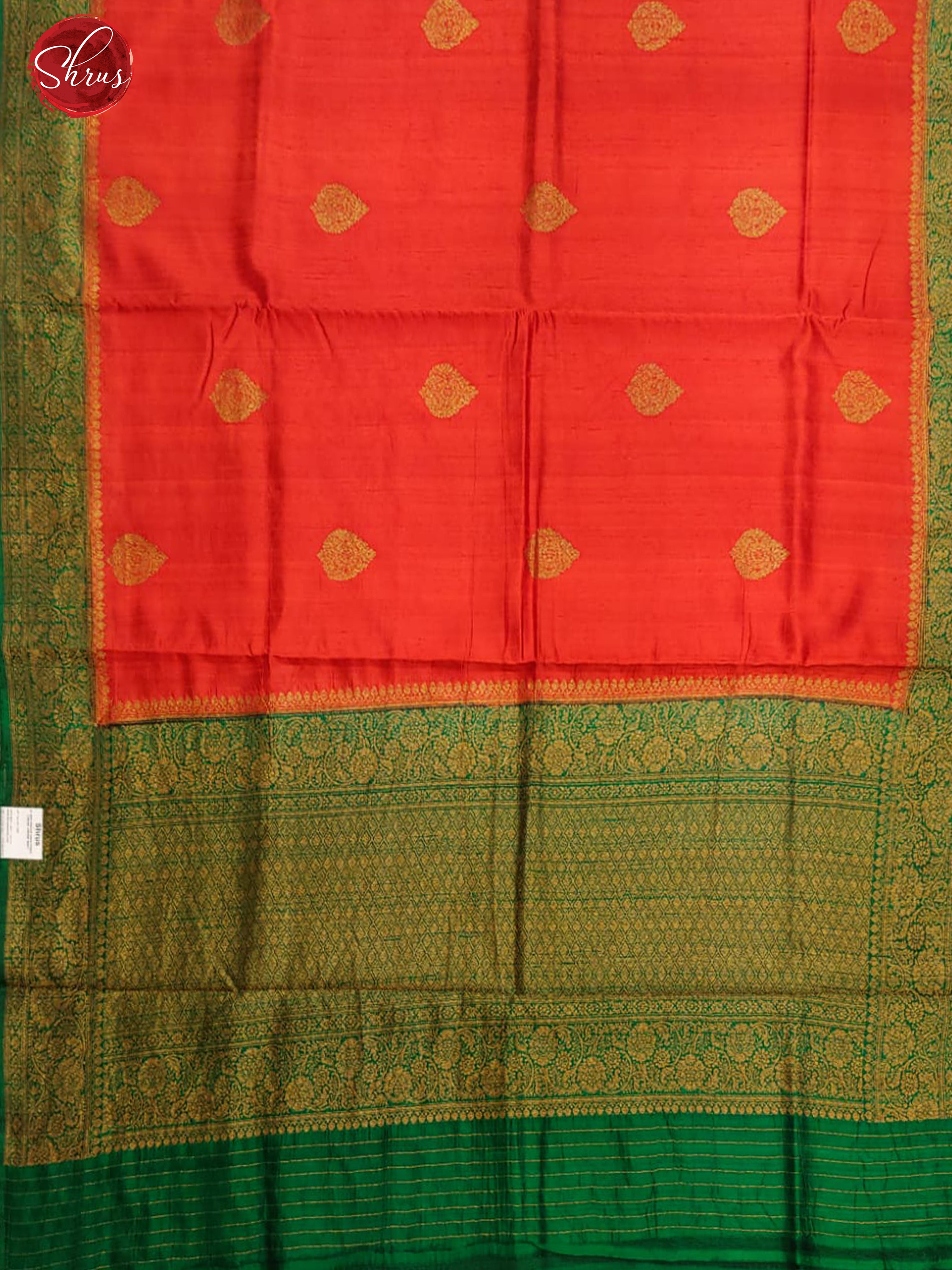 Red & Green - Dupion Silk with Zari woven floral motifs on the body & Contrast Zari Border - Shop on ShrusEternity.com