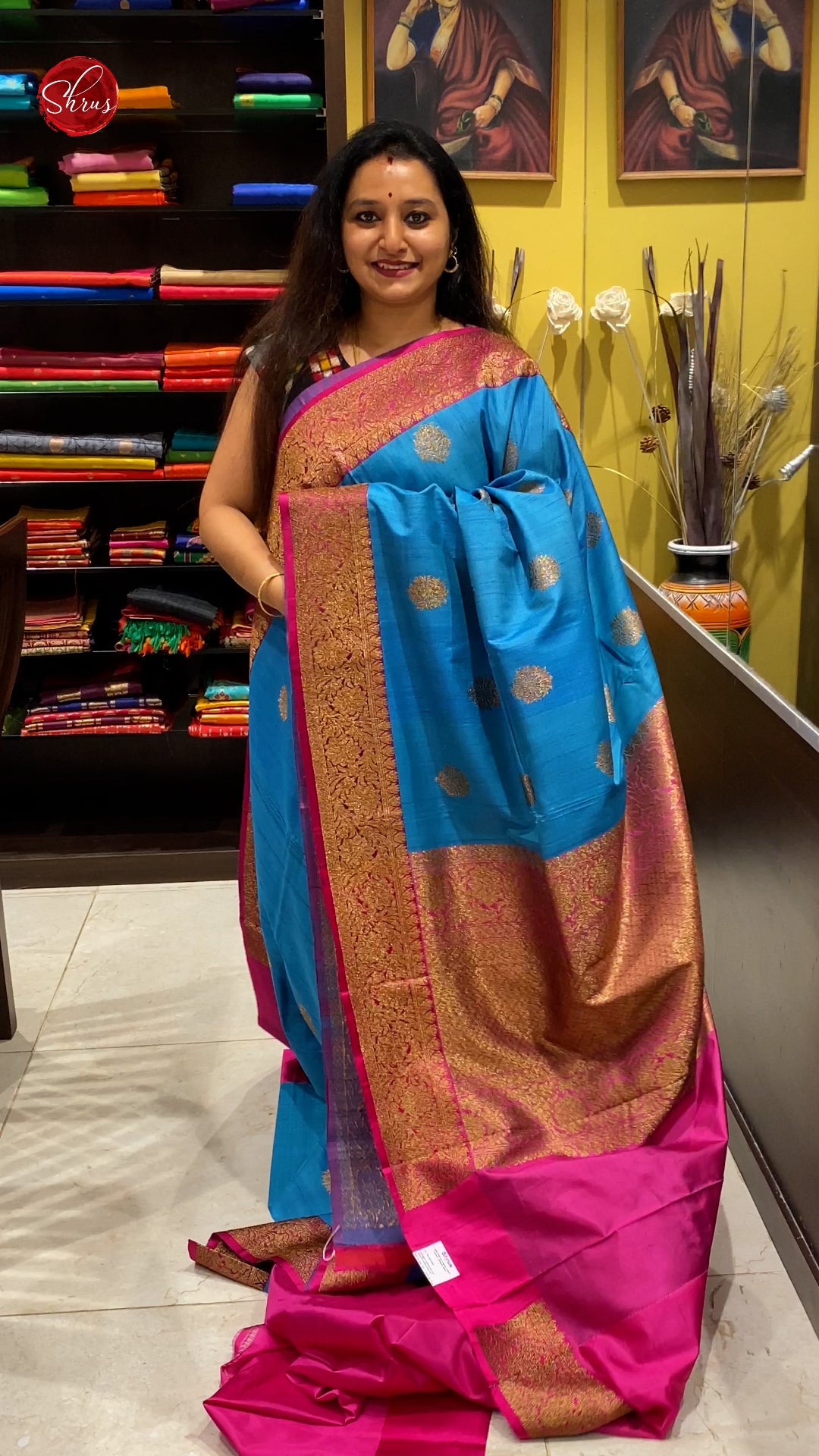 Blue & Pink - Dupion Silk with zari woven floral motifs on the body & Contrast Gold Zari Border - Shop on ShrusEternity.com