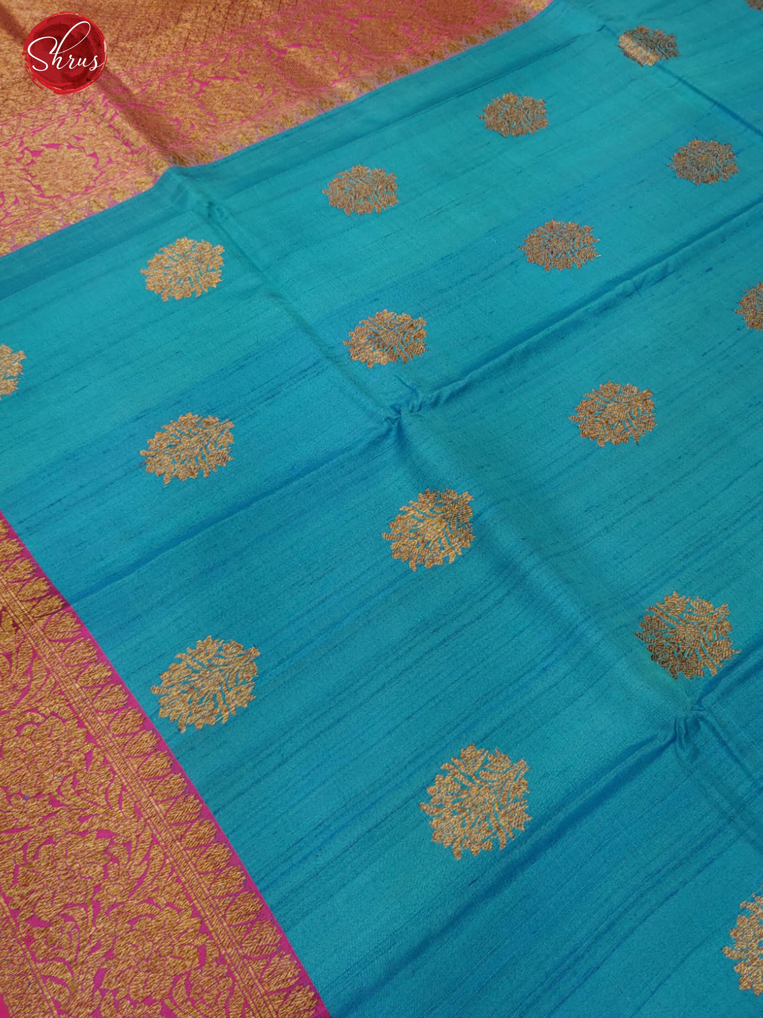 Blue & Pink - Dupion Silk with zari woven floral motifs on the body & Contrast Gold Zari Border - Shop on ShrusEternity.com