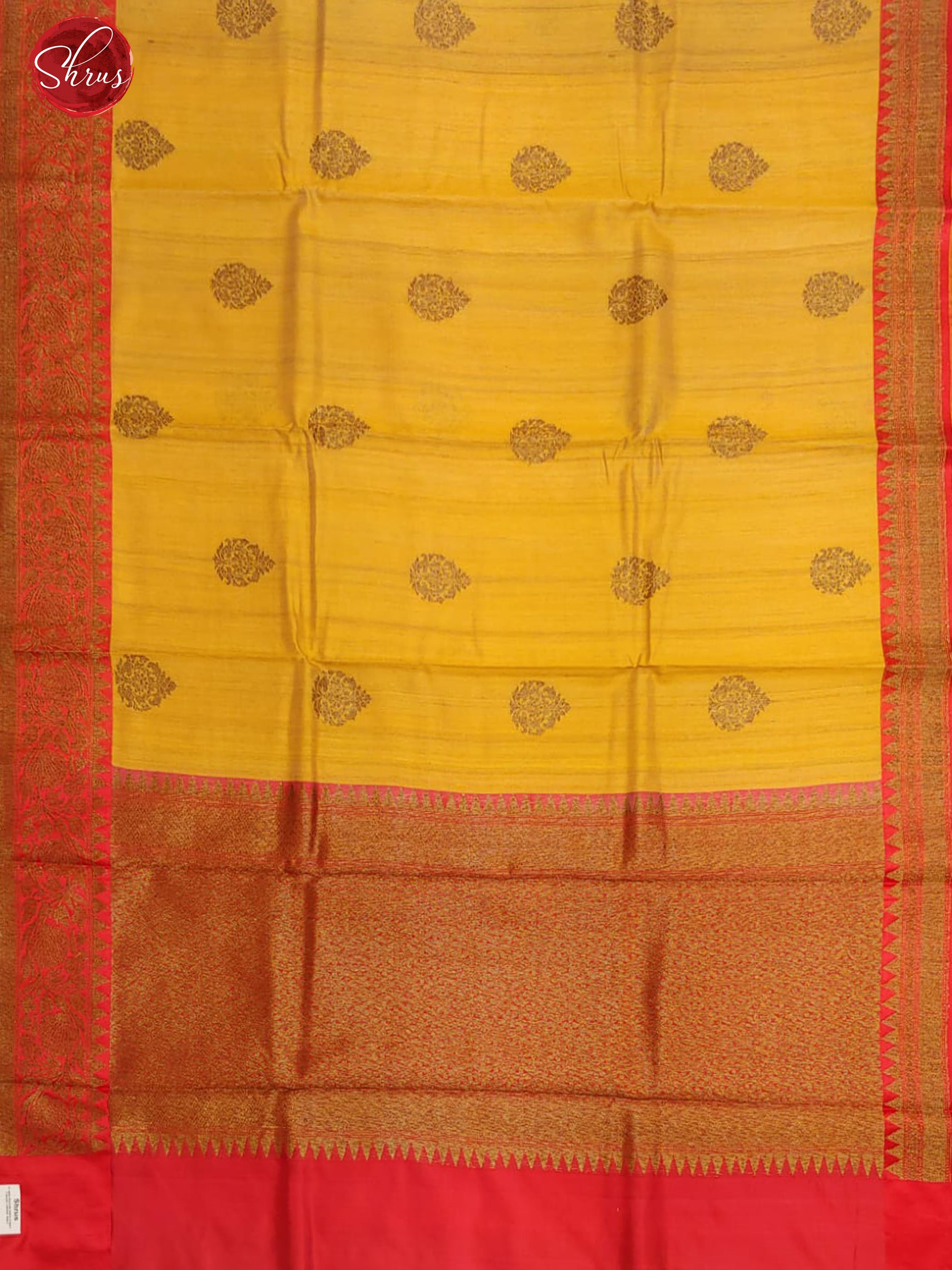 Yellow & Red- Dupion Silk with Zari woven floral motifs on the body & Contrast Zari Border - Shop on ShrusEternity.com
