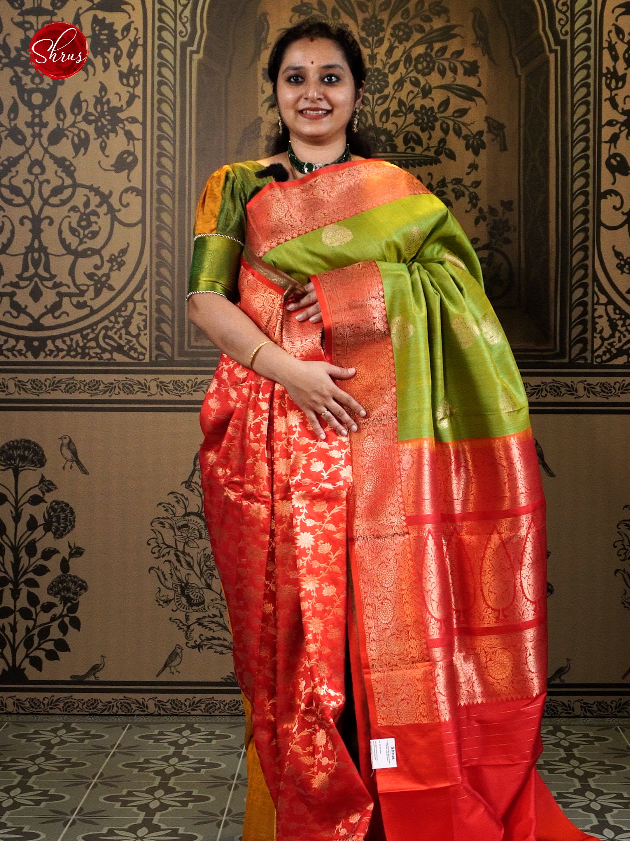 Green & Red - Dupion Silk with zari woven floral motifs on the body & Contrast Zari  Border - Shop on ShrusEternity.com