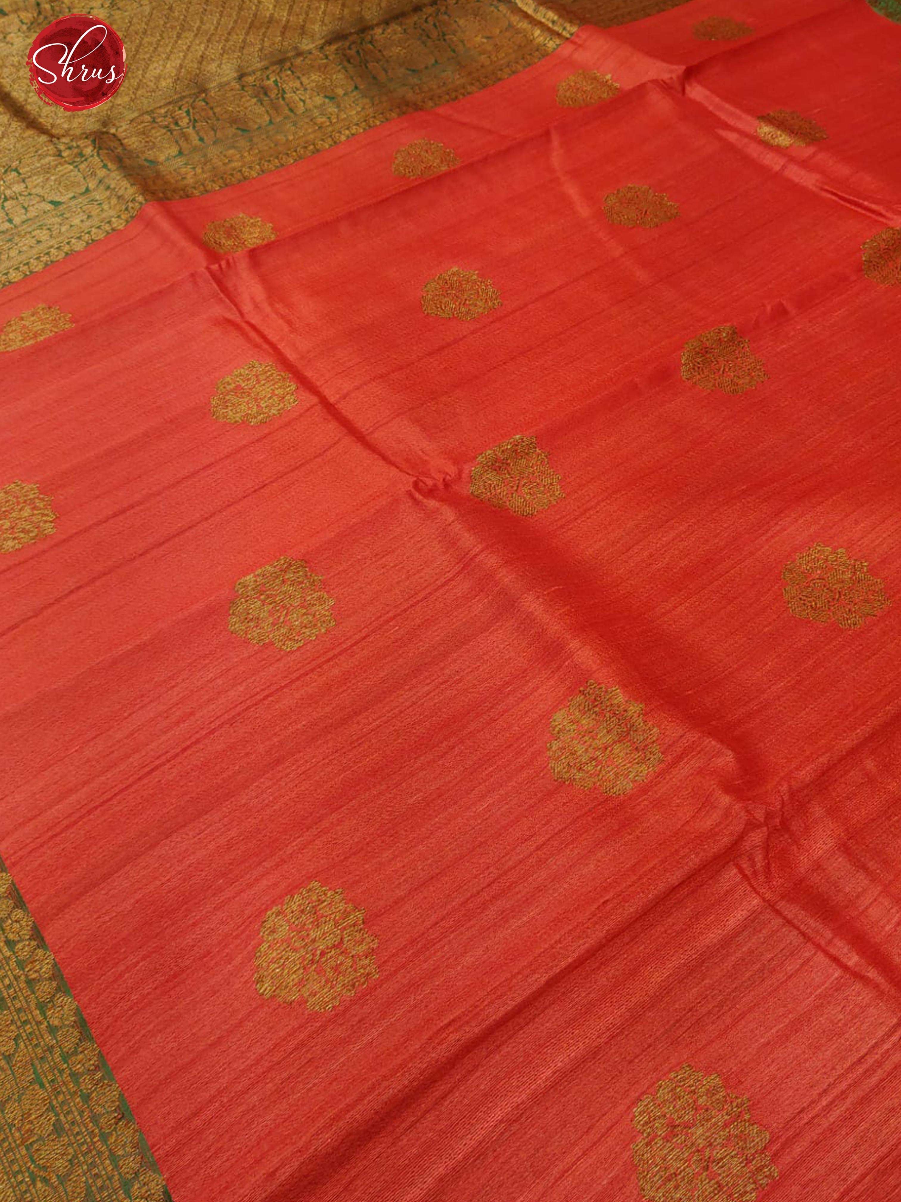 Red & Green -Dupion Silk with zari woven floral motifs on the body & Contrast Gold zari Border - Shop on ShrusEternity.com