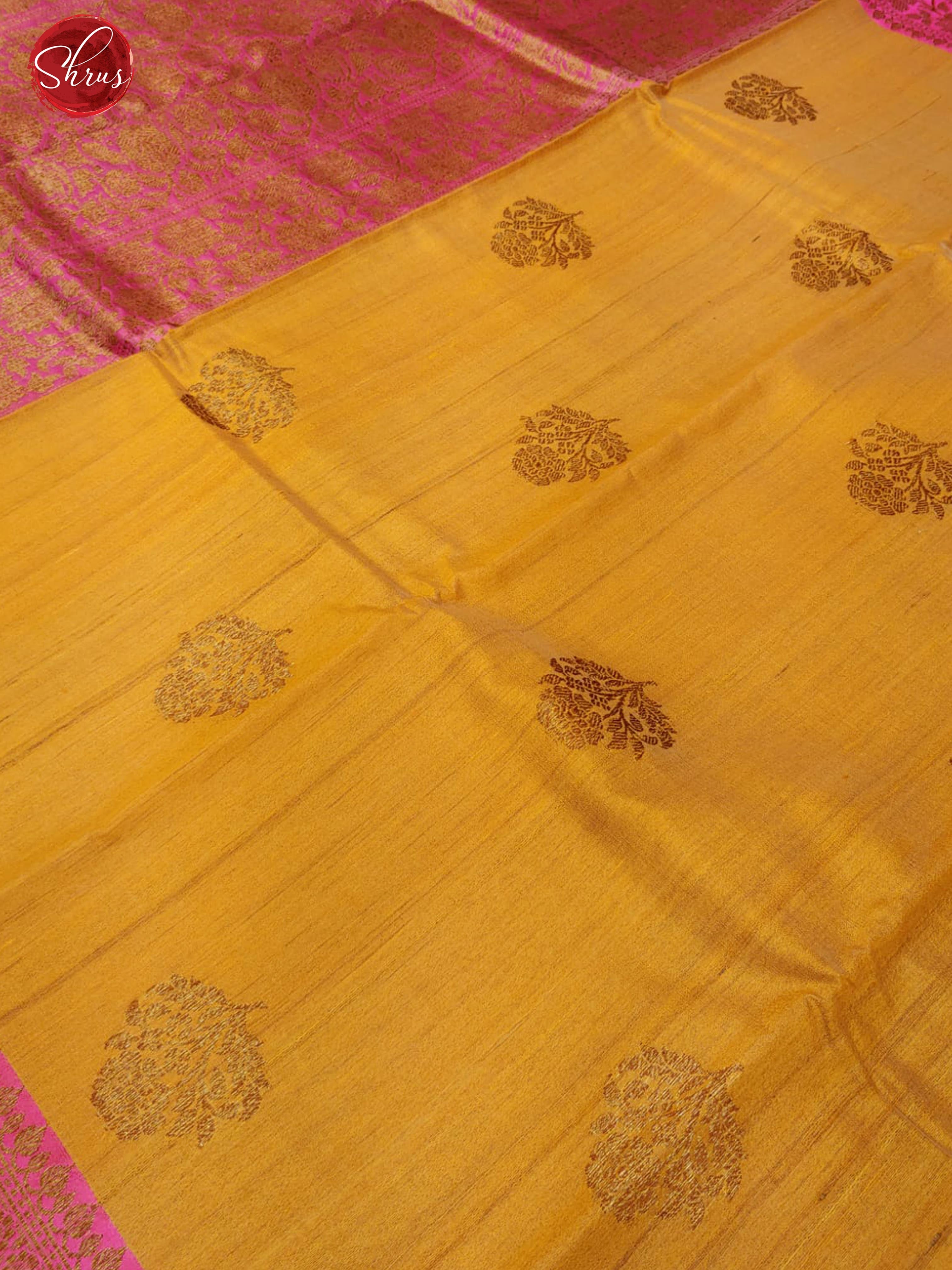 Mustard & Pink - Dupion Silk with zari woven floral motifs on the body & Contrast Gold Zari Border - Shop on ShrusEternity.com