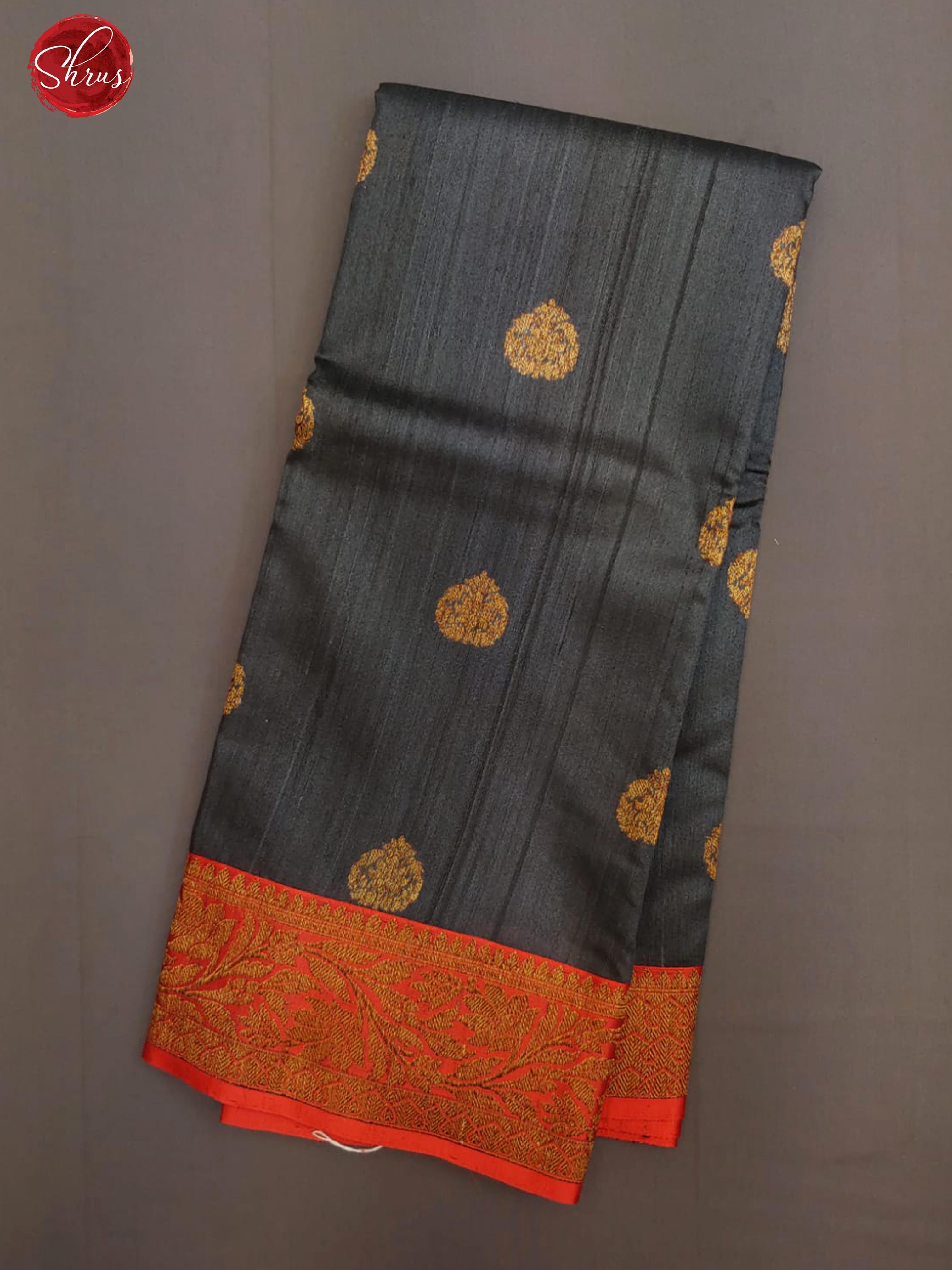 Elephant Grey & Red- Dupion Silk with zari woven floral motifs on the body& Contrast Gold zari Border - Shop on ShrusEternity.com