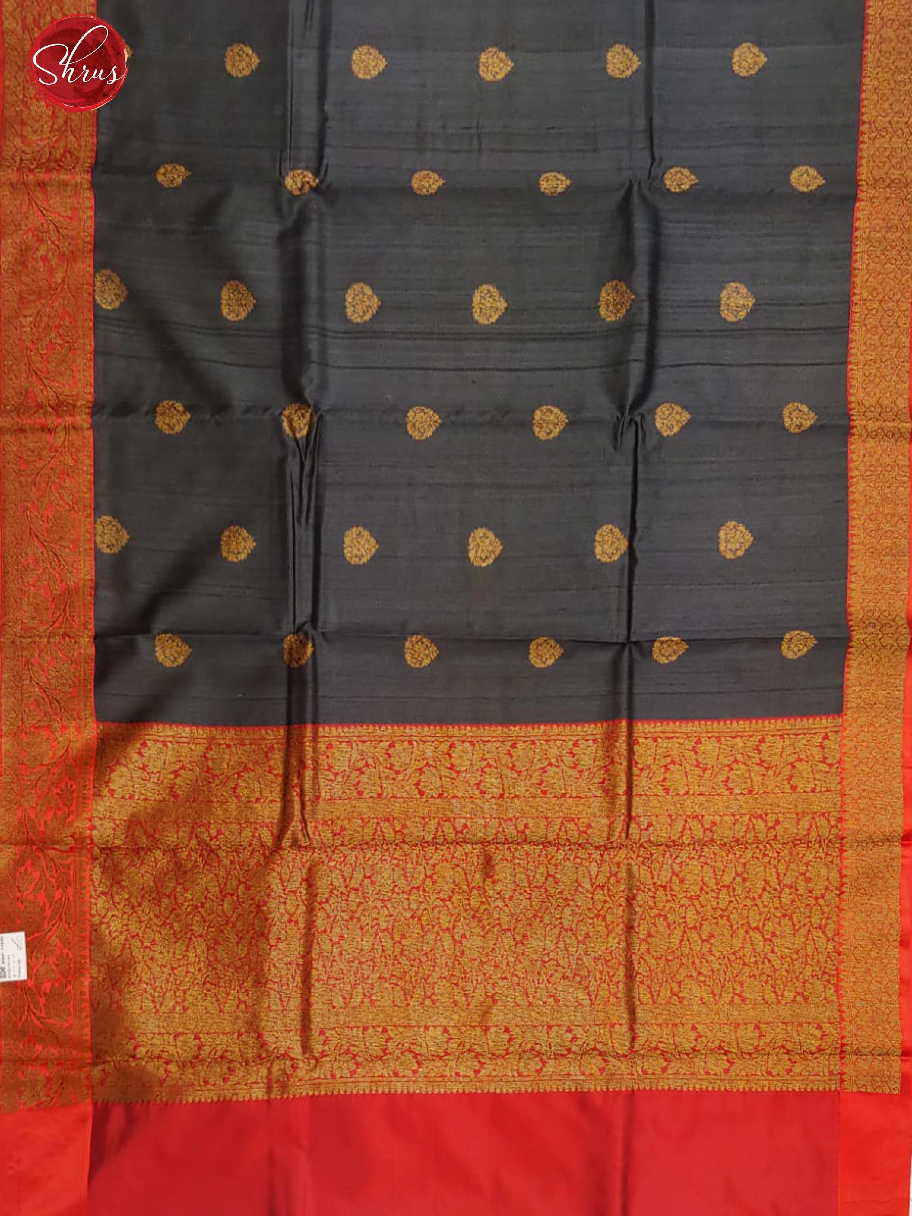 Elephant Grey & Red- Dupion Silk with zari woven floral motifs on the body& Contrast Gold zari Border - Shop on ShrusEternity.com