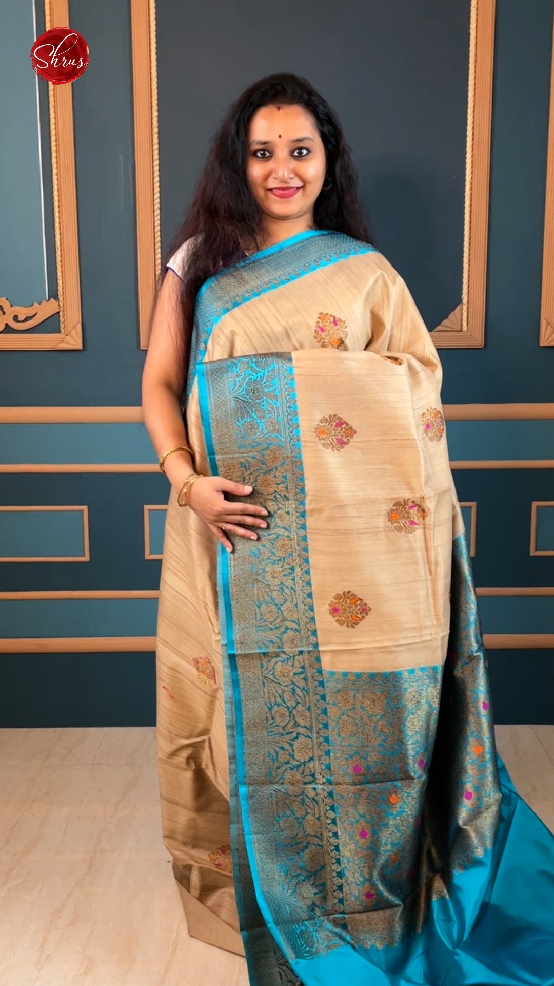 Beige & Blue - Dupion Silk with zari woven floral motifs on the body & Contrast Gold zari Border - Shop on ShrusEternity.com