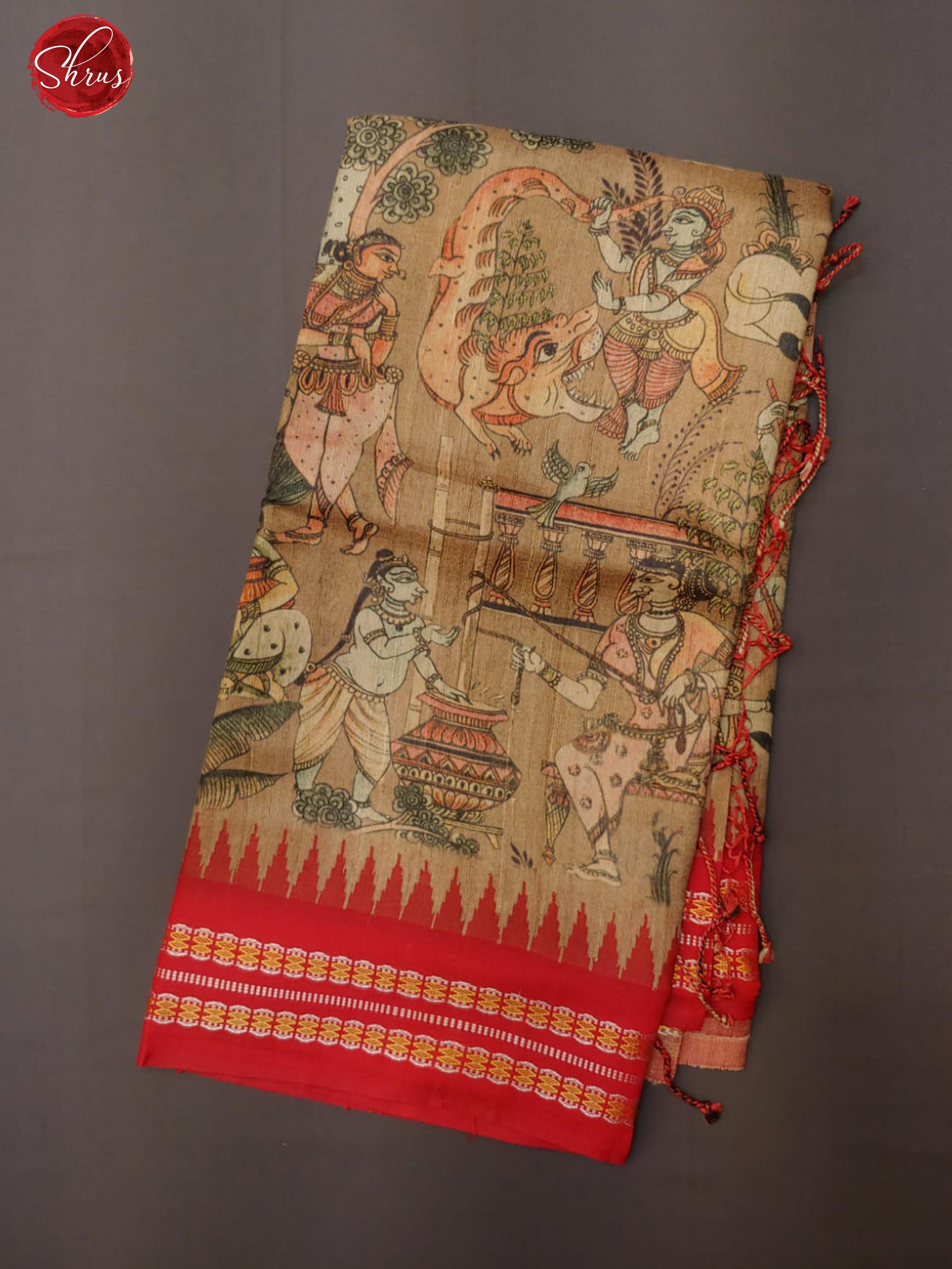 Grey & Red - Tussar with goddess print on the body& Contrast Zari Border - Shop on ShrusEternity.com