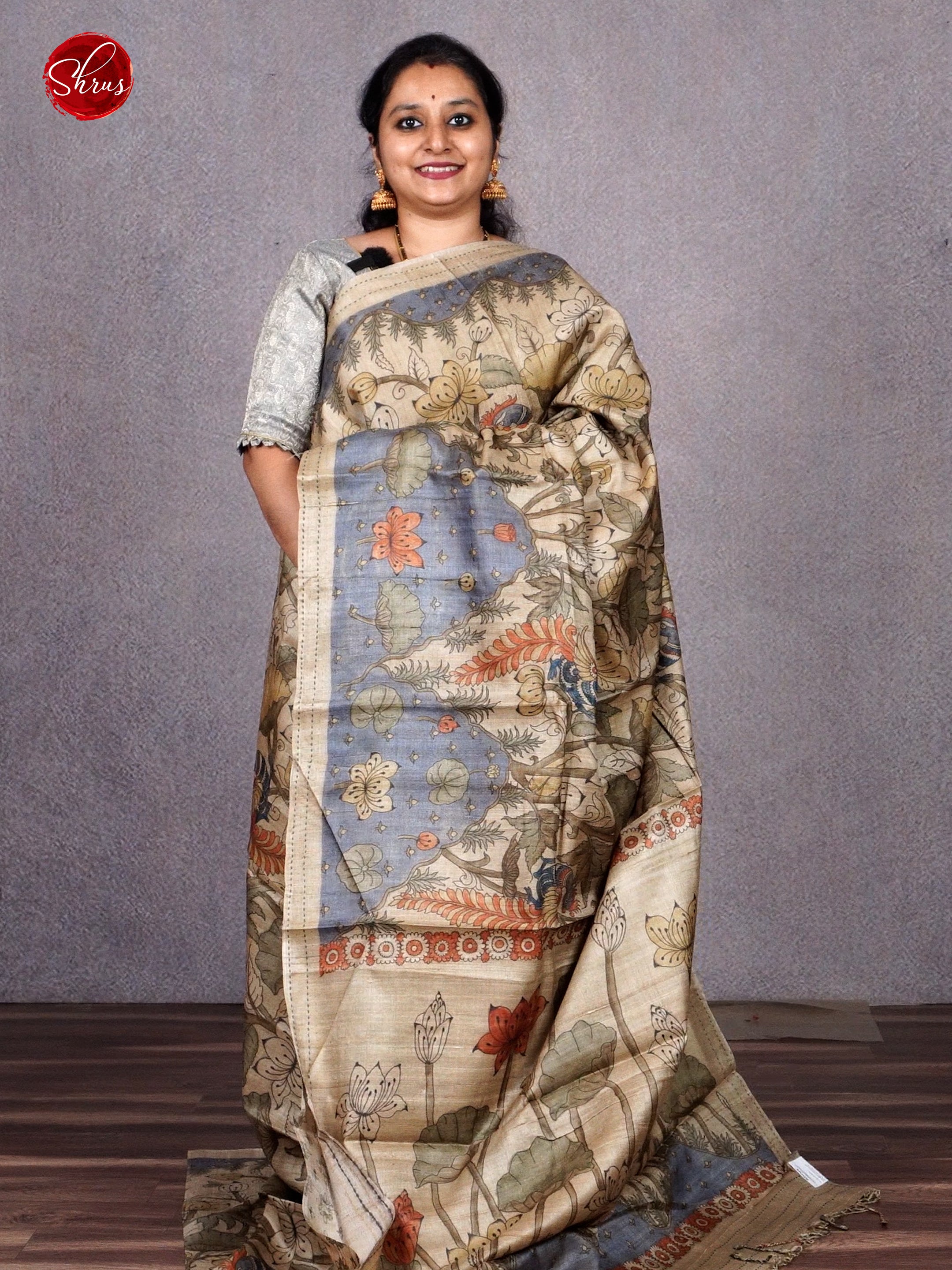 Beige & Grey - Tussar with floral print on the body & Border - Shop on ShrusEternity.com
