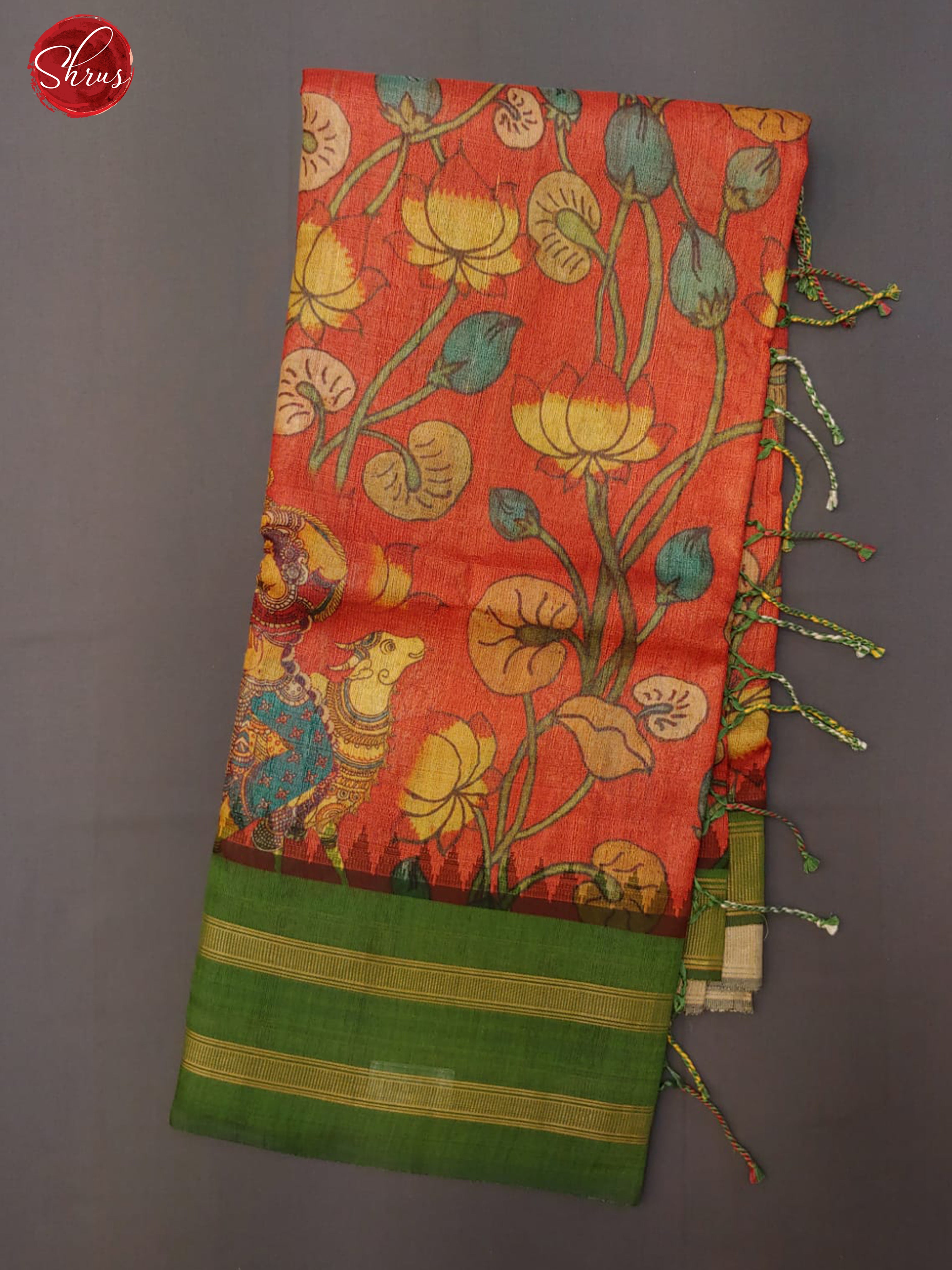 Red & Green - Tussar with floral print on the body & Zari Border - Shop on ShrusEternity.com