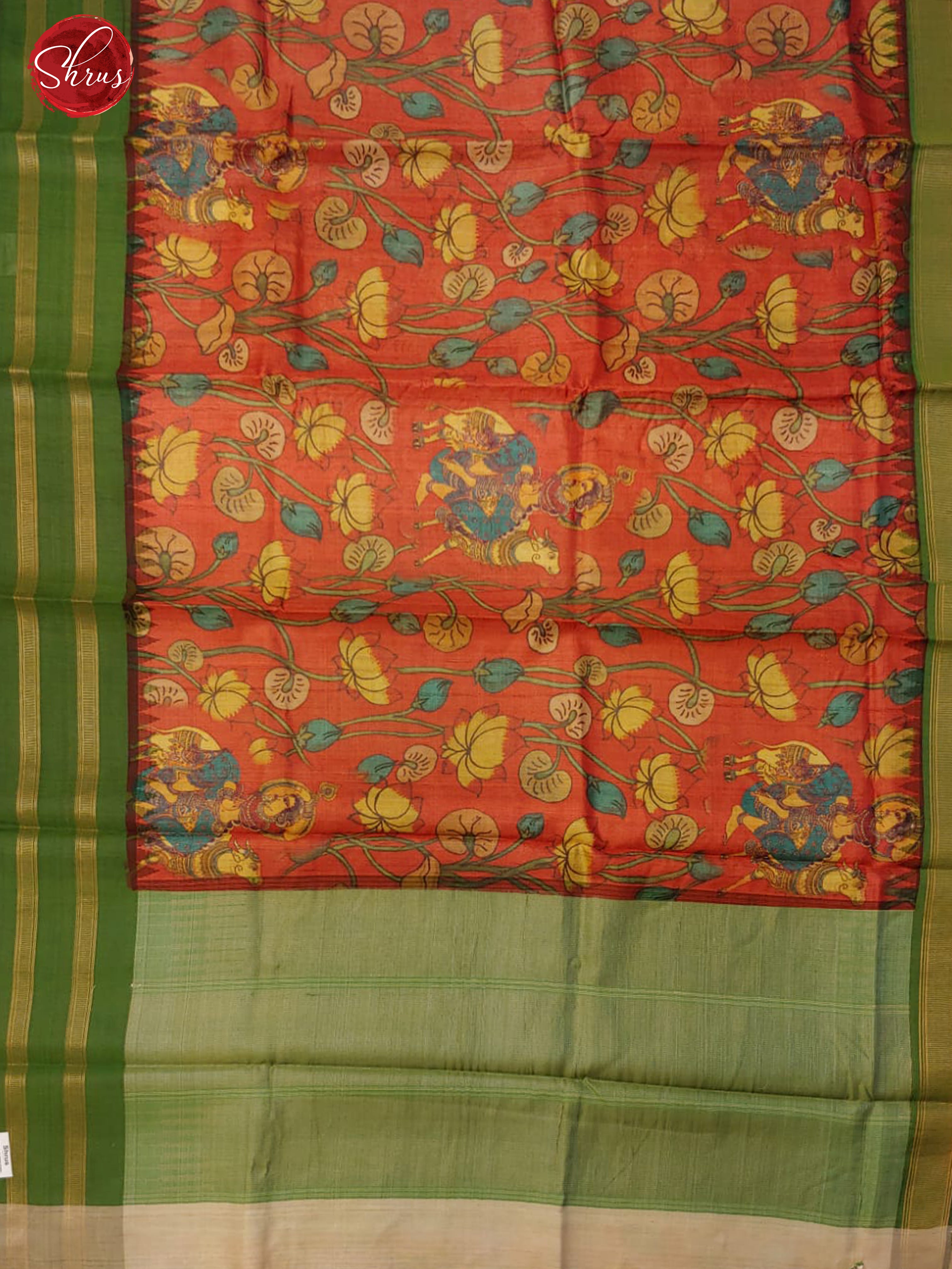 Red & Green - Tussar with floral print on the body & Zari Border - Shop on ShrusEternity.com