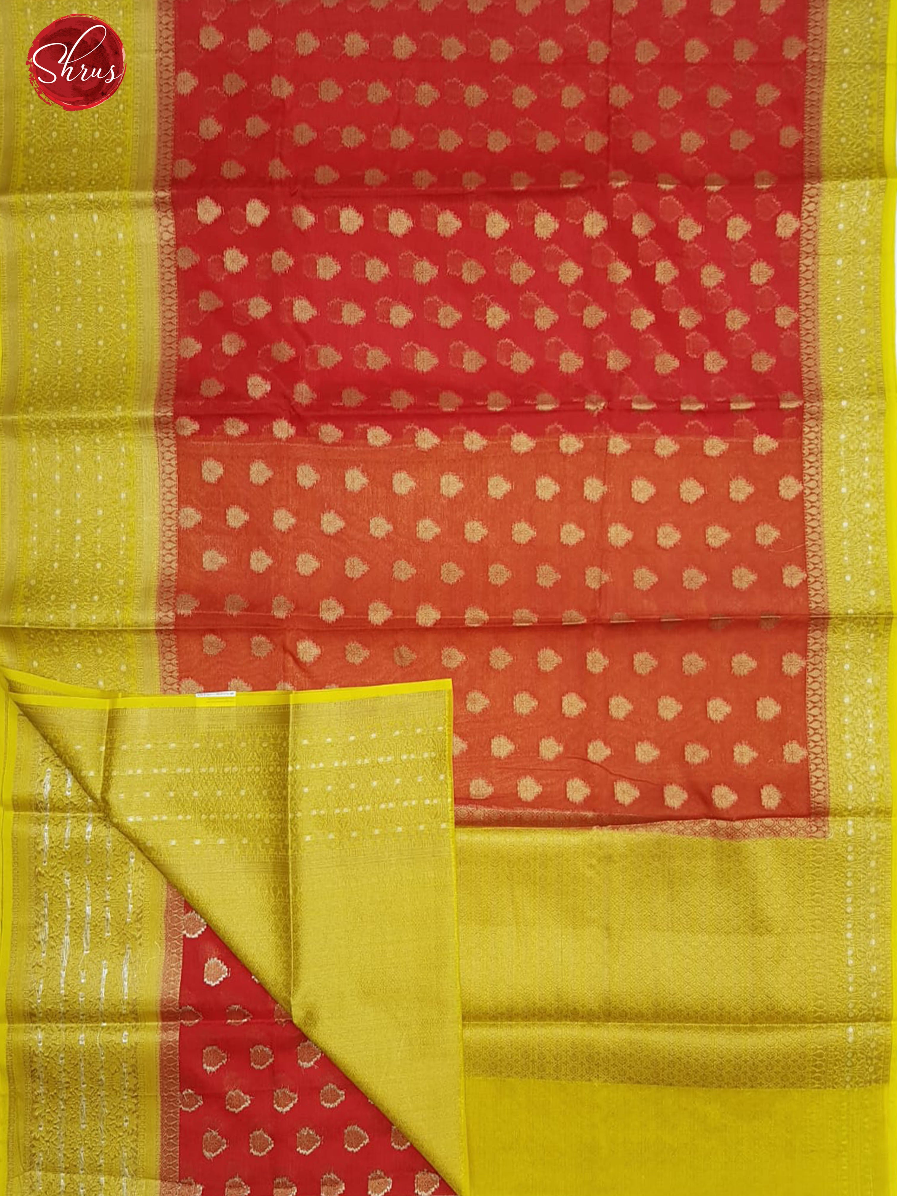 Red & Yellow- Kota Banarasi with zari woven floral buttas on the body & Contrast Zari Border - Shop on ShrusEternity.com