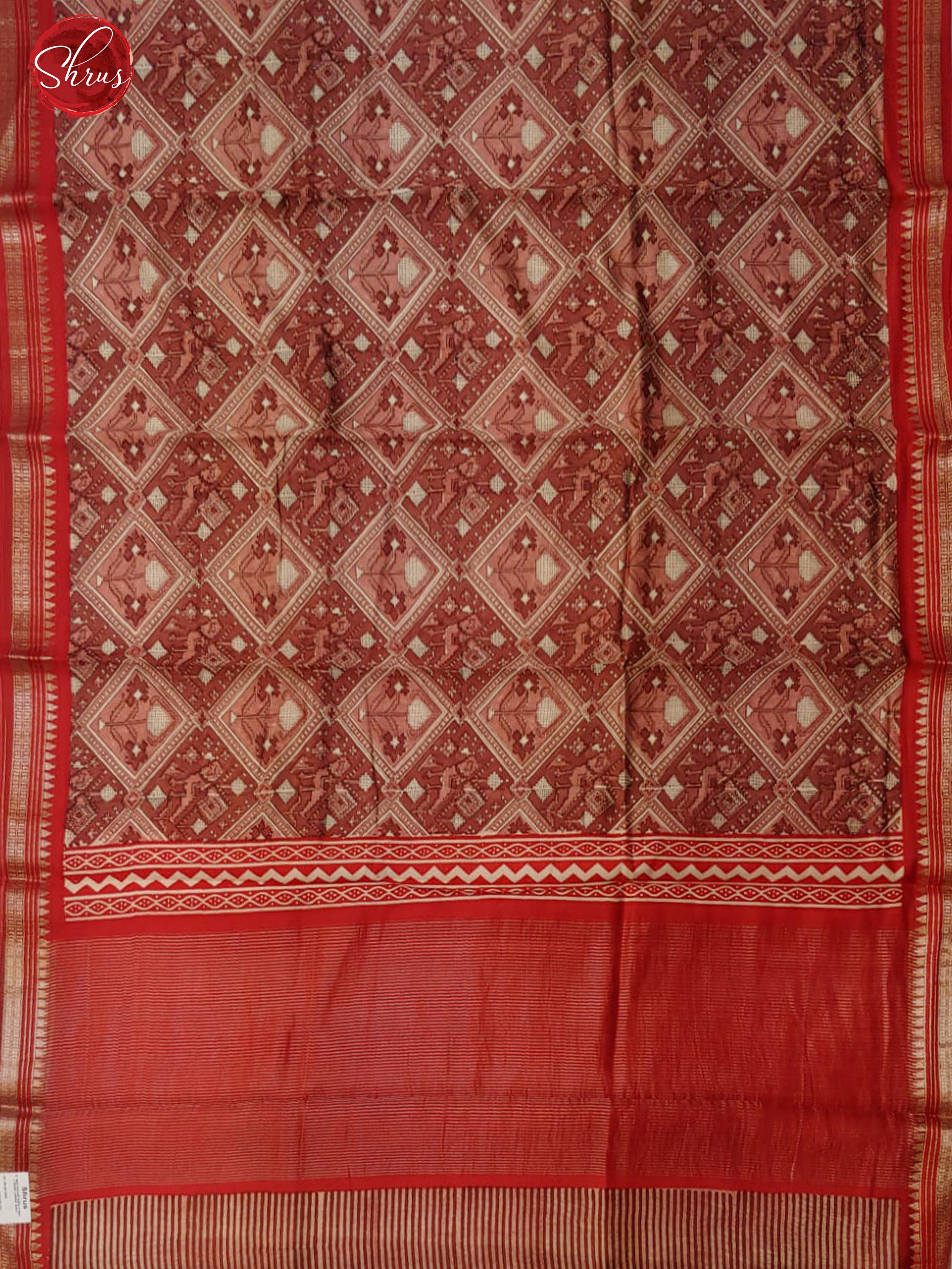 Brown & Red - Tussar with ikkat floral woven pattern on the body & Contrast Zari Border - Shop on ShrusEternity.com