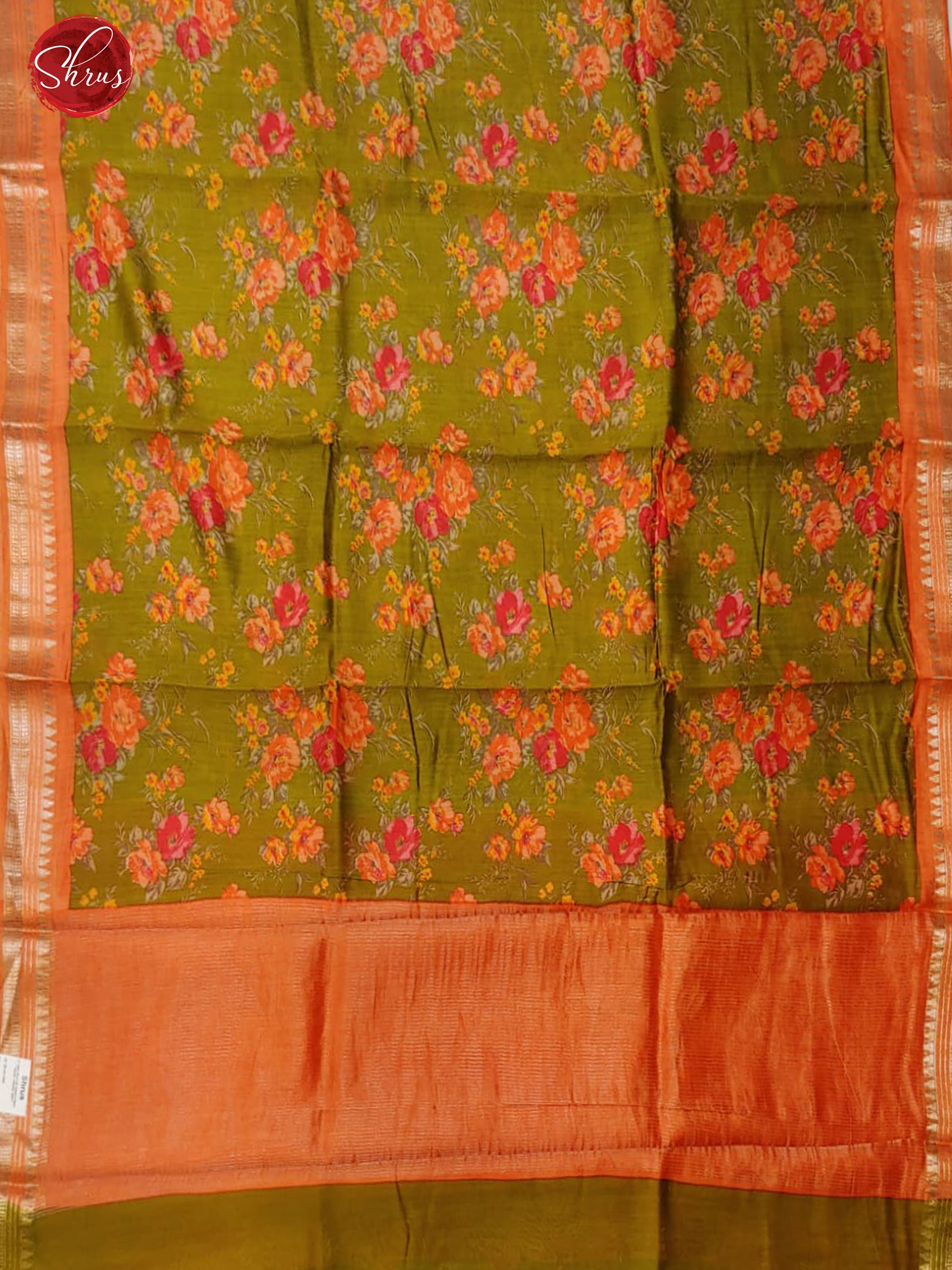 Green & Orange - Tussar with floral print on the body and zari border - Shop on ShrusEternity.com