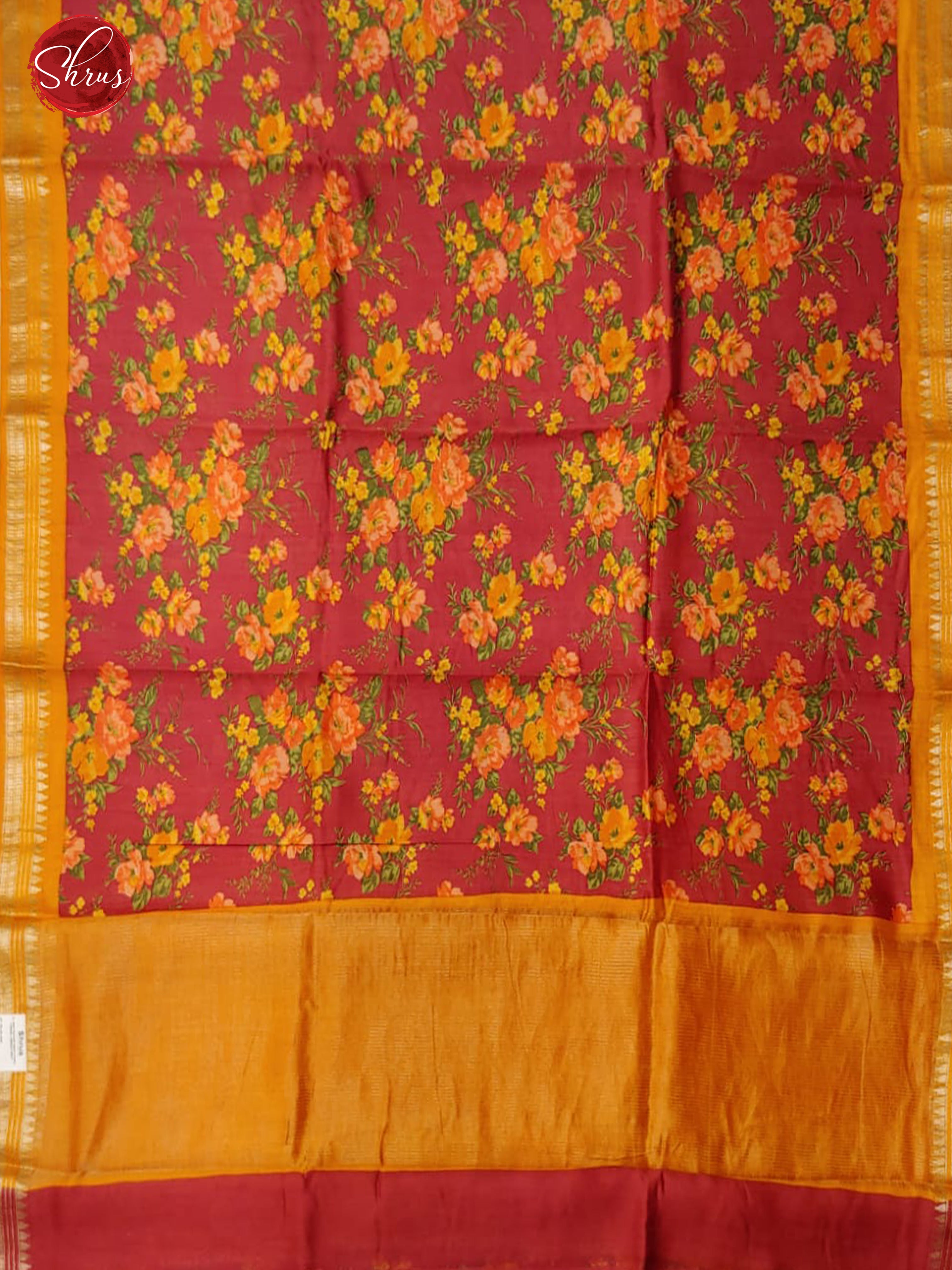 Maroon & Yellow - Tussar with floral print on the body & Zari Border - Shop on ShrusEternity.com