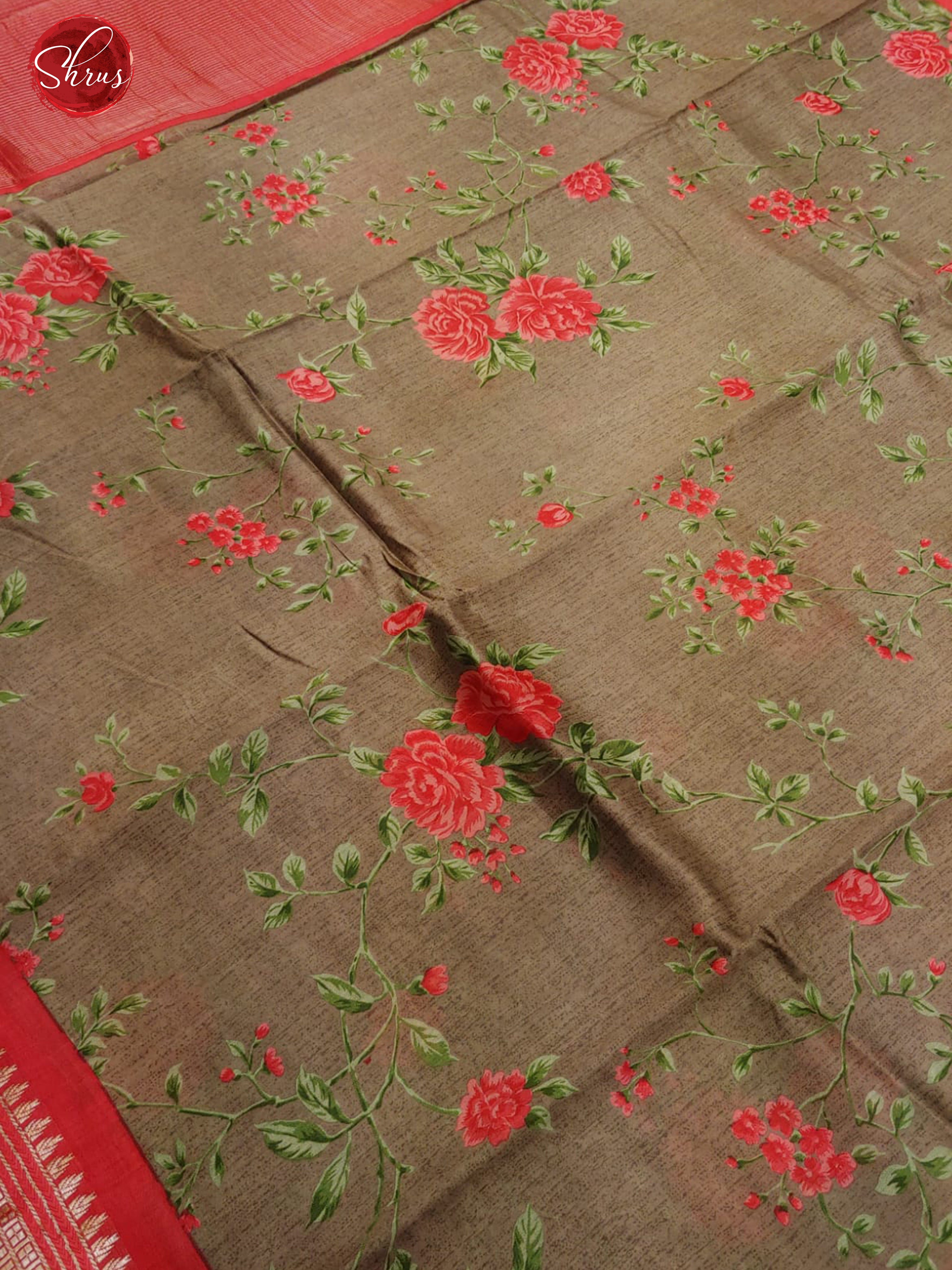 Grey & Pink- Tussar with floral print on the body &  Contrast Zari Border - Shop on ShrusEternity.com