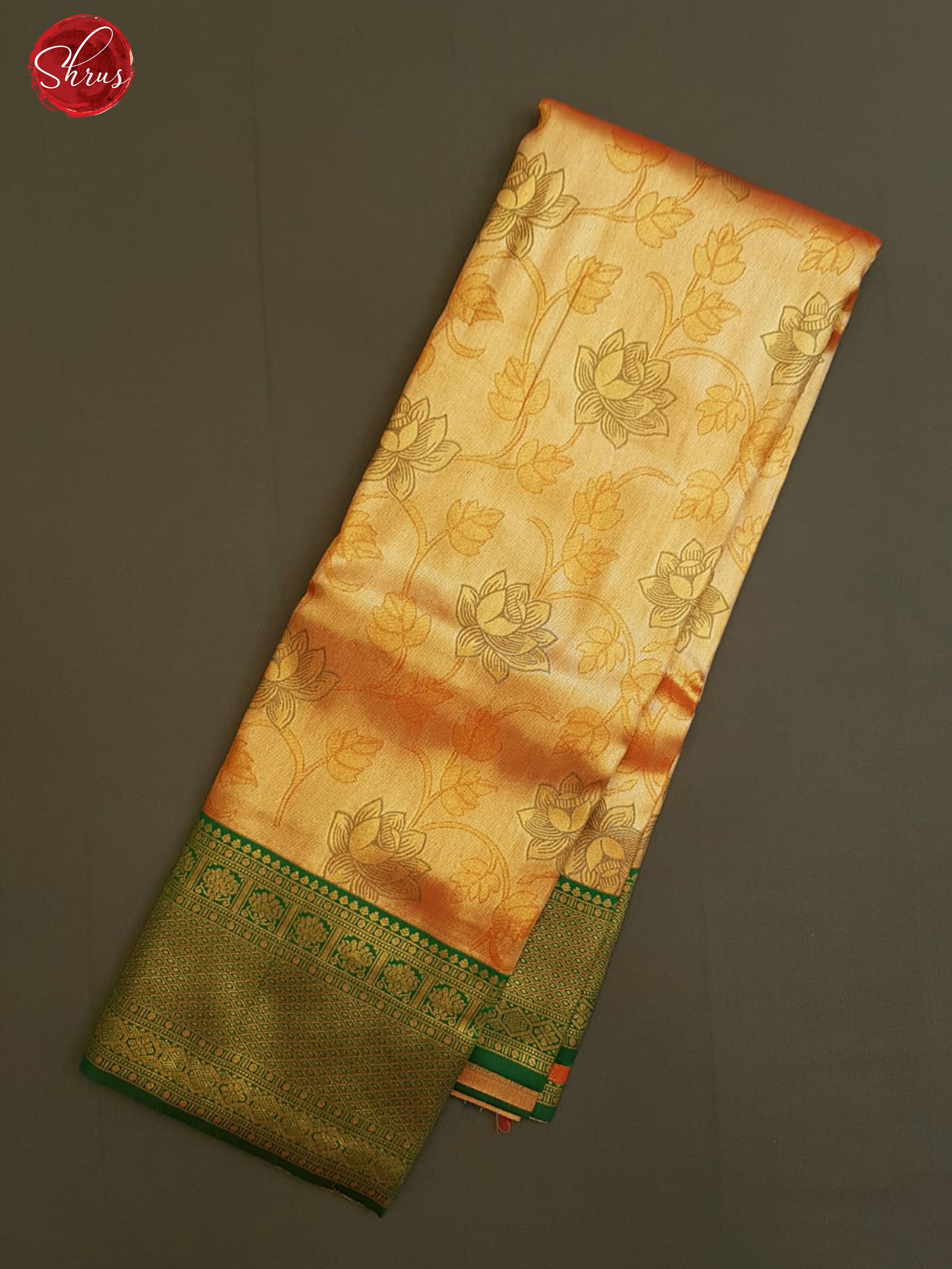 Goldish Red & Green - Semi Kanchipuram Silk with zari woven floral brocade on the body & Contrast Zari Border - Shop on ShrusEternity.com