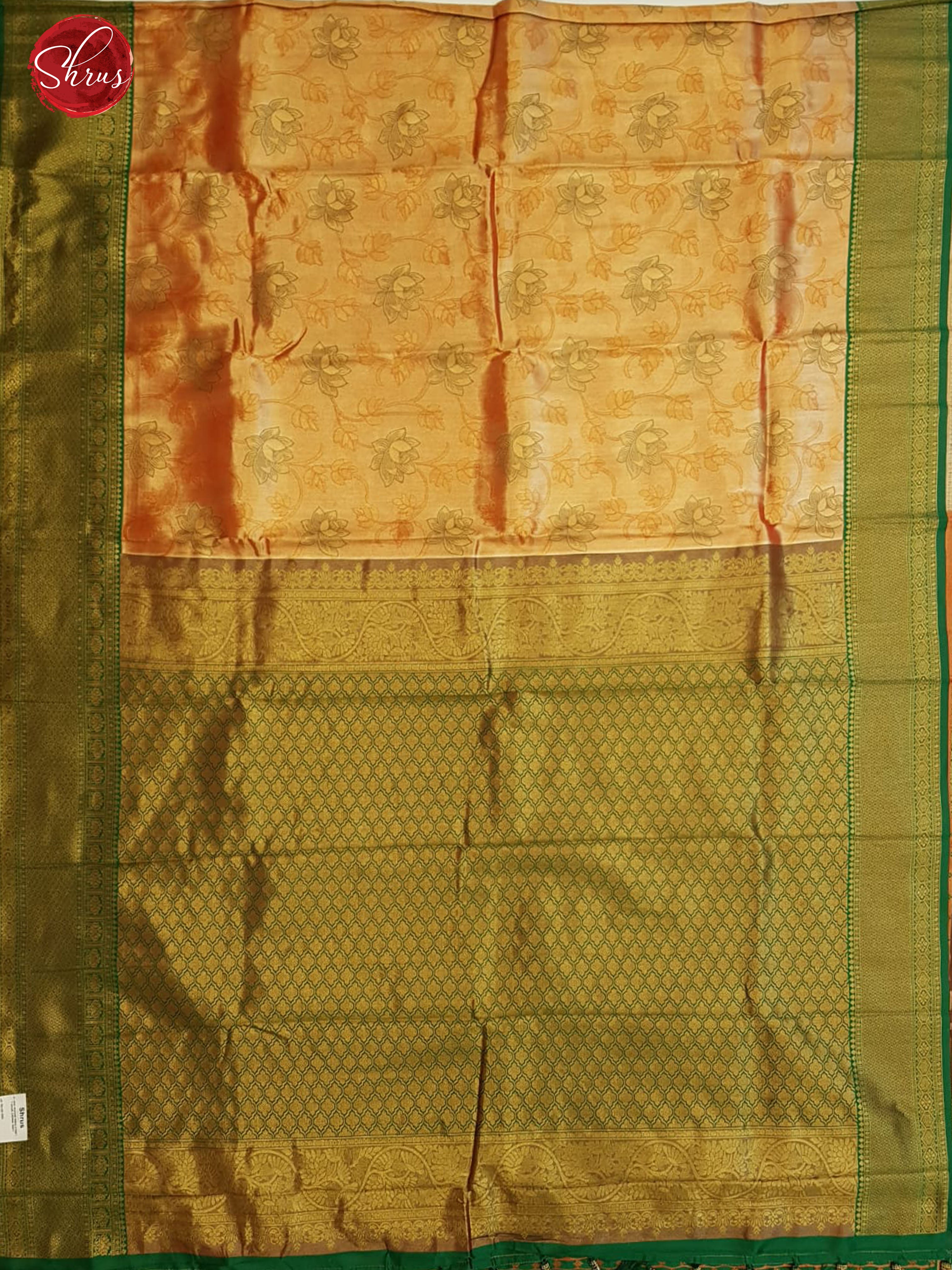 Goldish Red & Green - Semi Kanchipuram Silk with zari woven floral brocade on the body & Contrast Zari Border - Shop on ShrusEternity.com