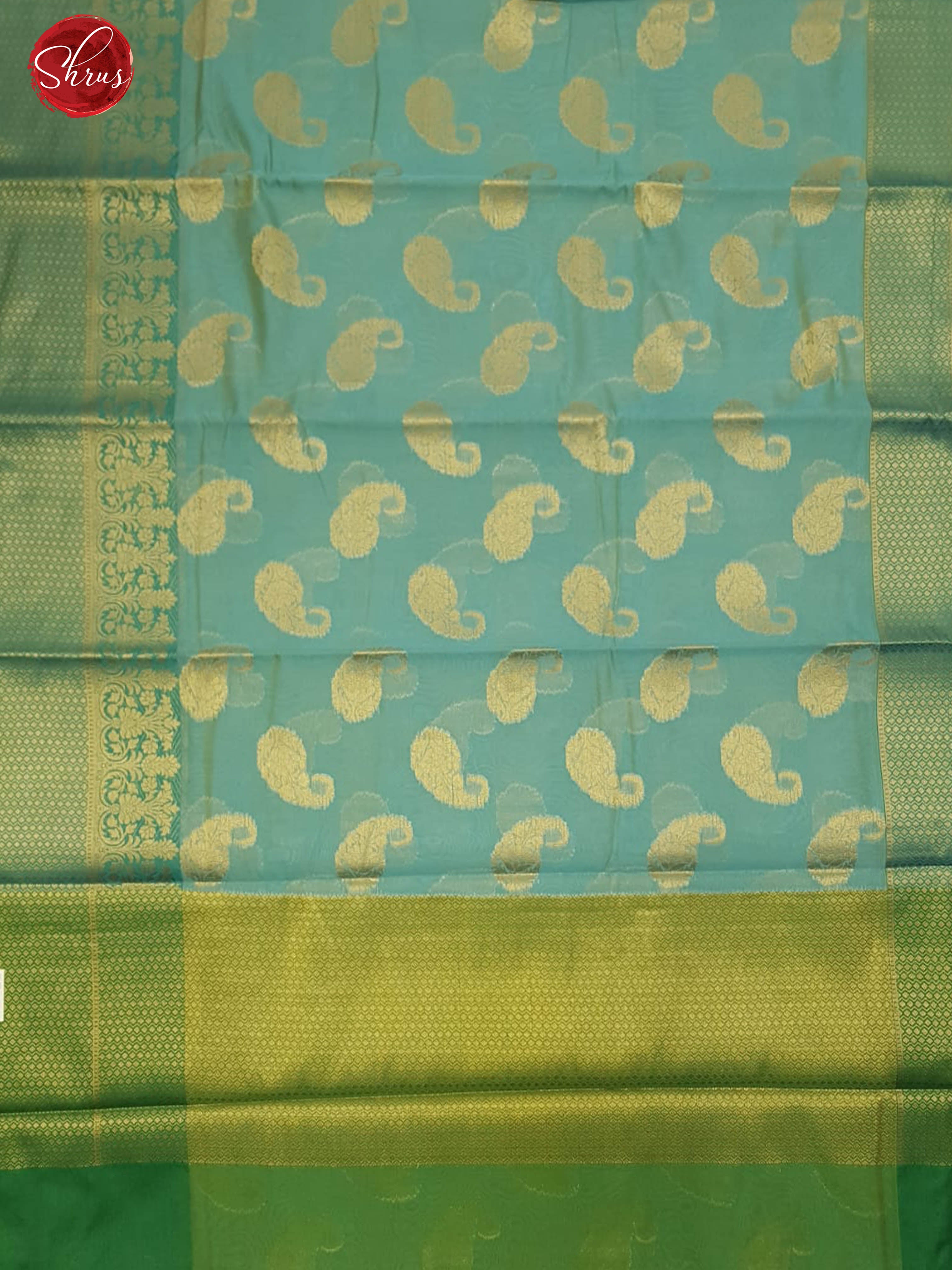 Blue and Green - Banarasi Silk Cotton with zari woven paisleys motifs on the body & Zari Border - Shop on ShrusEternity.com