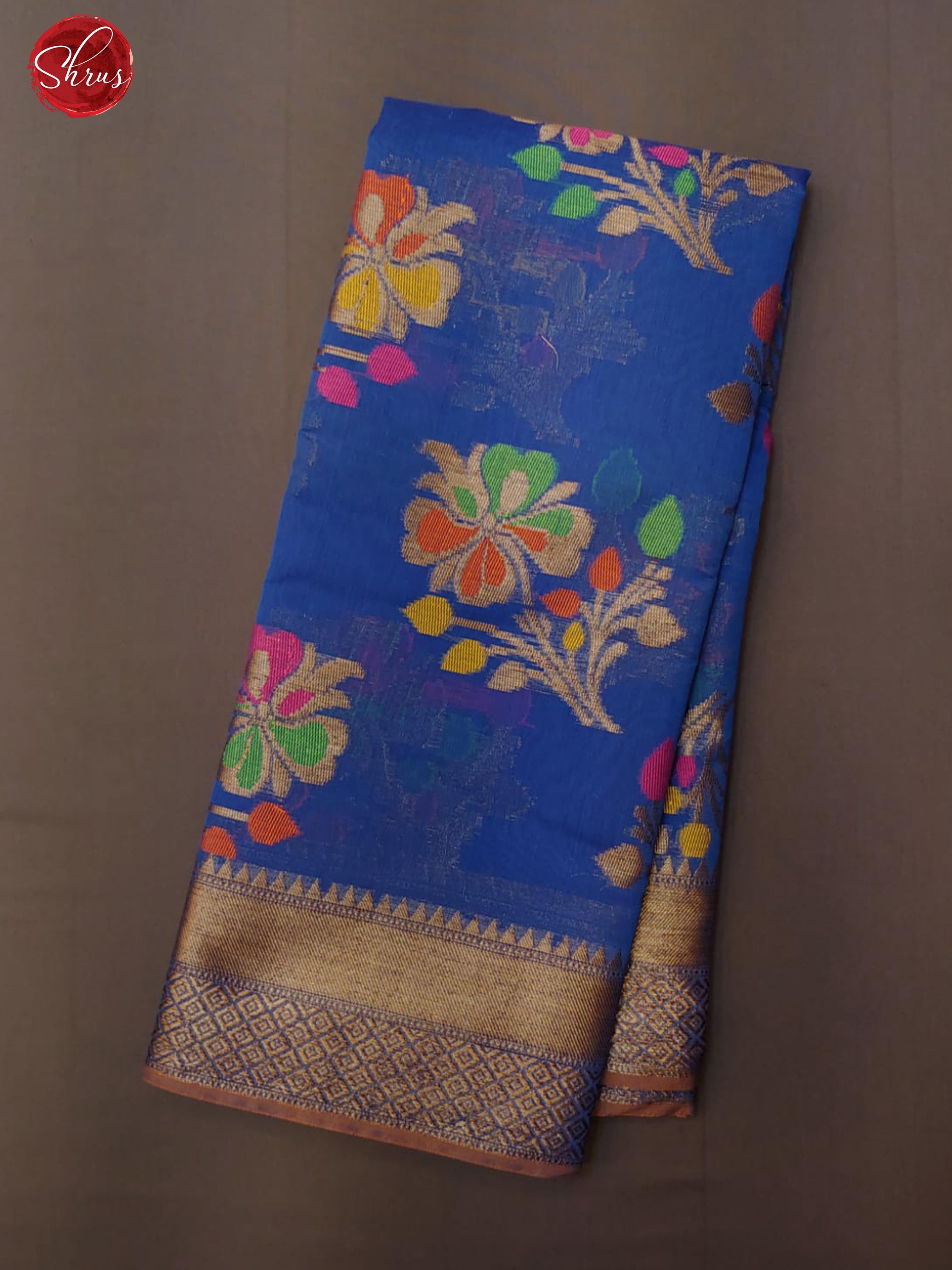 Blue(Single Tone)- Banarasi Silk Cotton with zari , thread woven floral motifs on the body & Zari Border - Shop on ShrusEternity.com