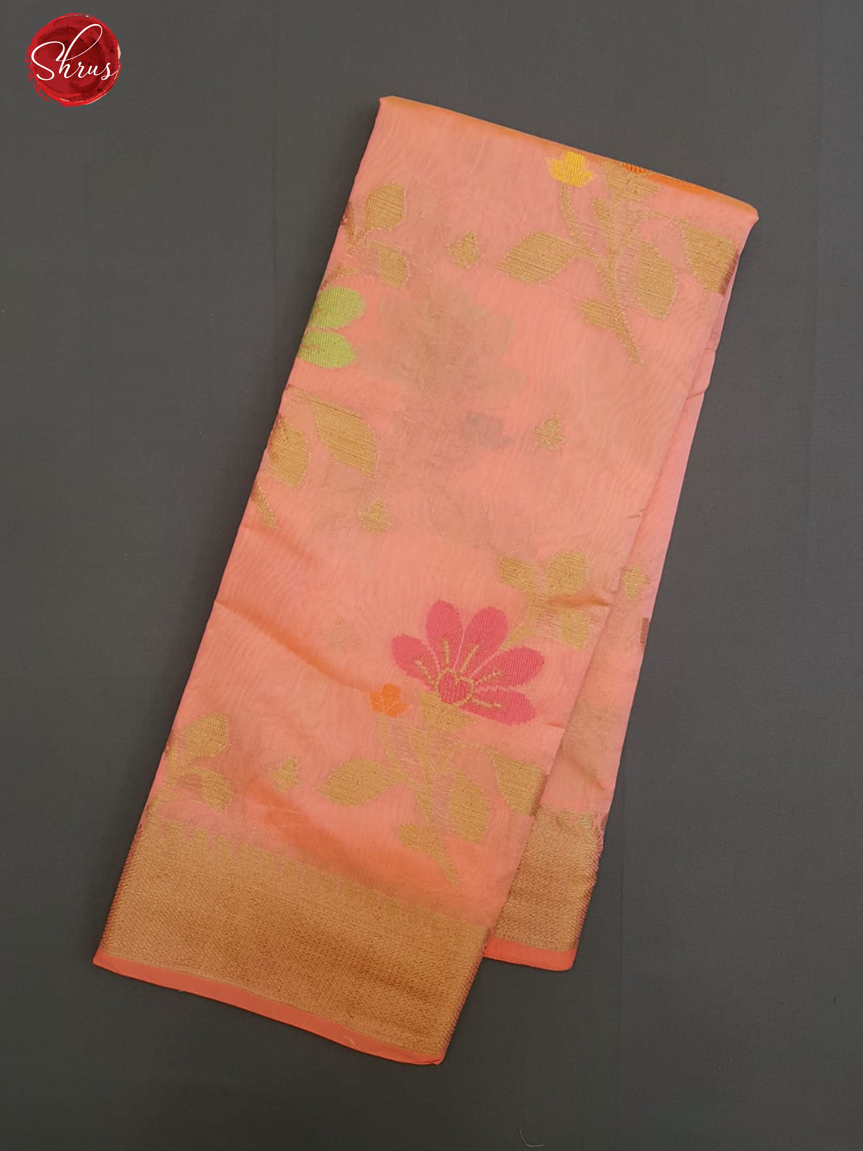 Peachish Pink(Single Tone)- Banarasi Silk Cotton with zari , thread woven floral brocade on the body& Zari Border - Shop on ShrusEternity.com