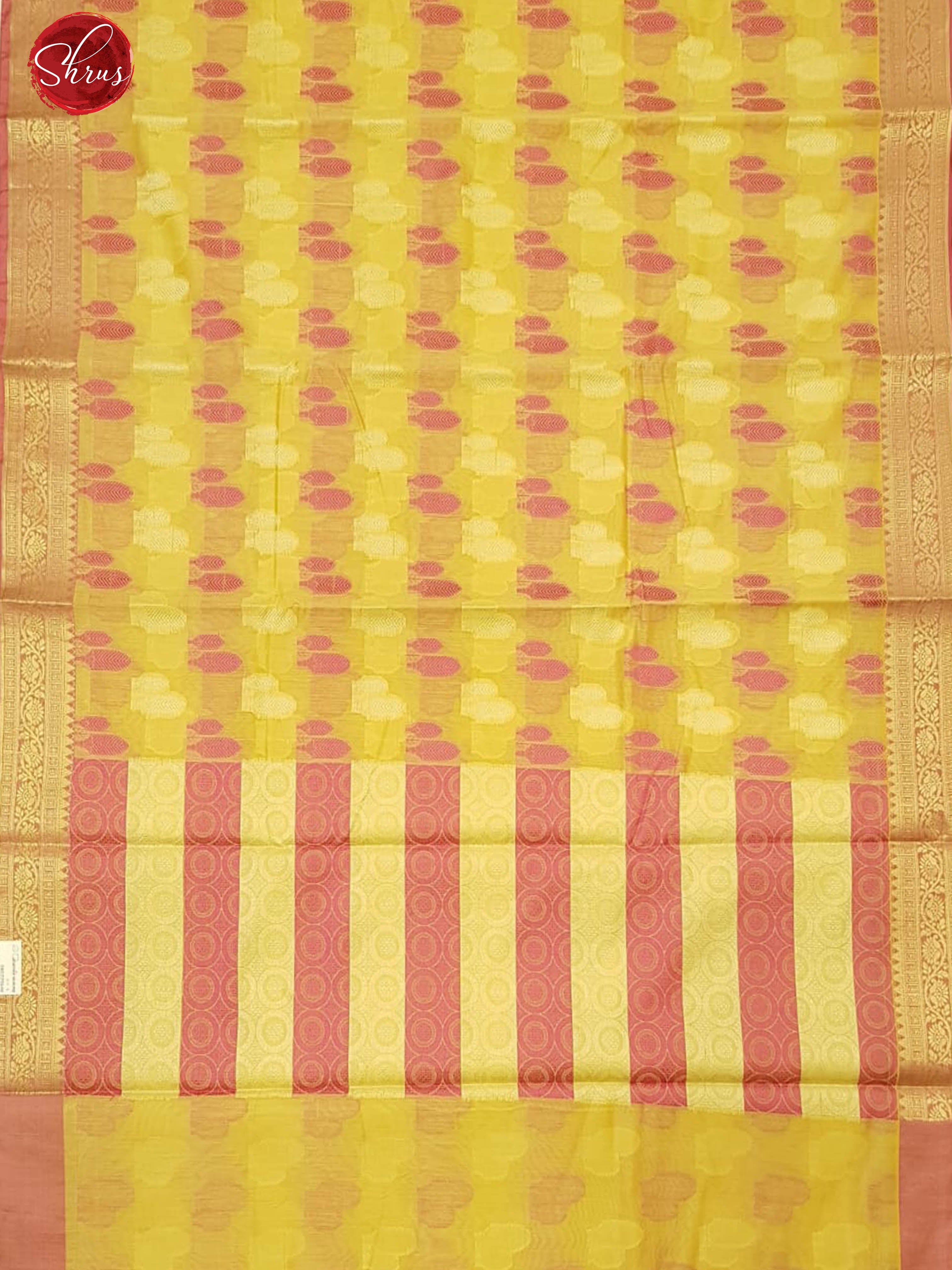 Yellow & Pink -Banarasi Silk Cotton with zari , thread woven buttas on the body & Zari Border - Shop on ShrusEternity.com