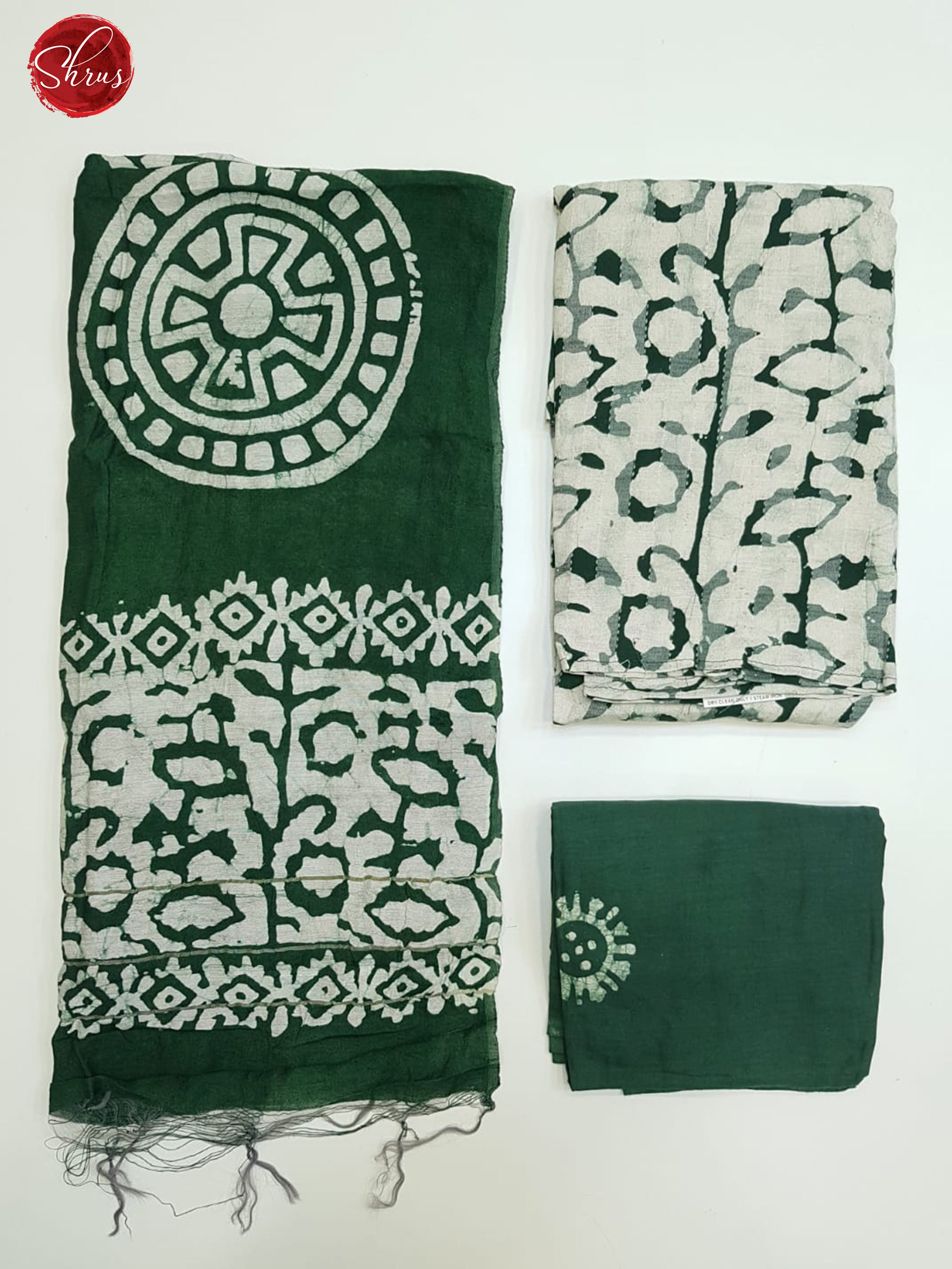 Green & White - Cotton Salwar Suit with floral pattern on the top , dupatta (In all suits the left part is the Dupatta , Top right pic is top and Bottom Right is the bottom) - Shop on ShrusEternity.com