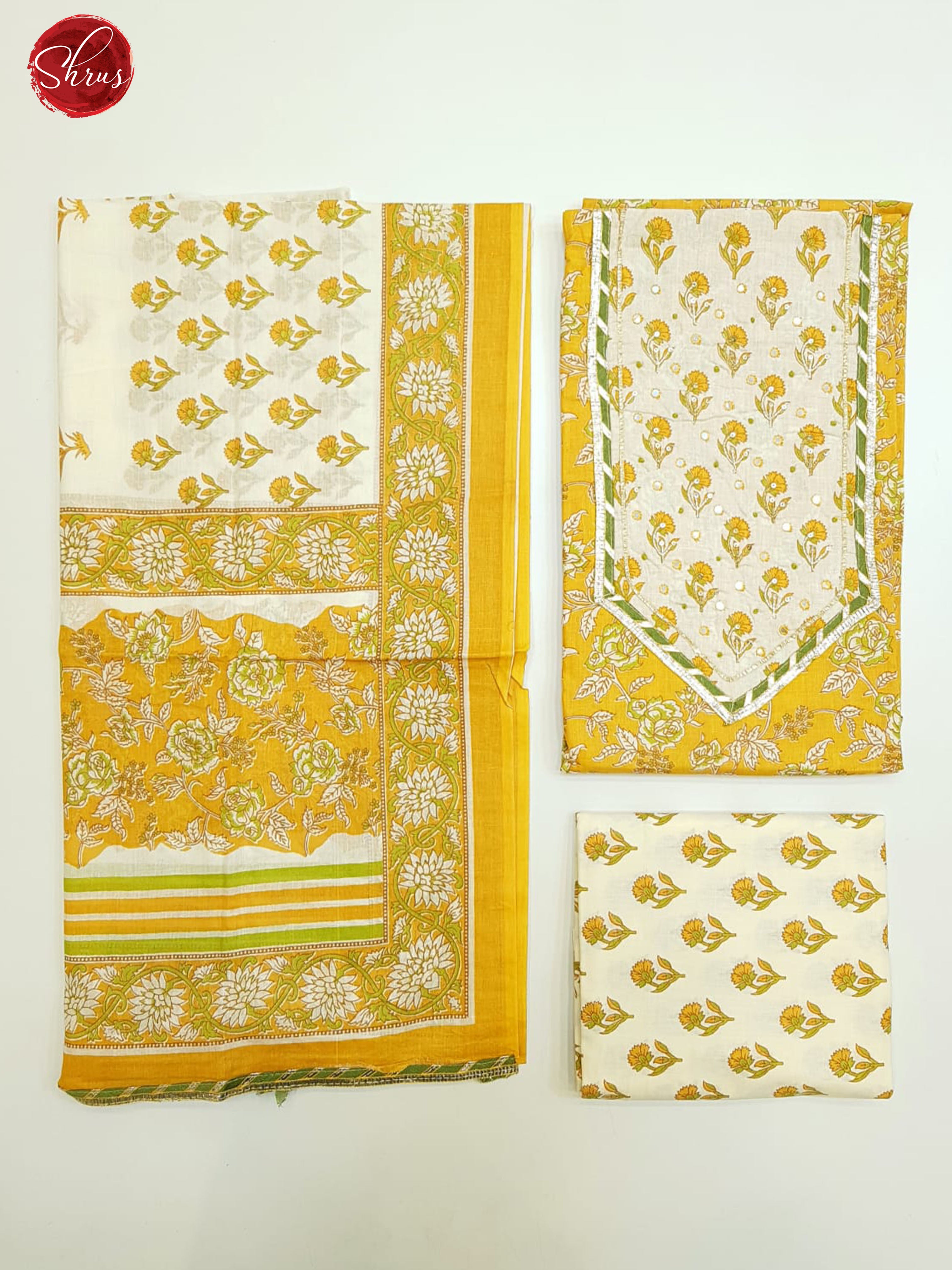 Mustard & Cream - Cotton Salwar Suit with floral printed top, dupatta(In all suits the left part is the Dupatta , Top right pic is top and Bottom Right is the bottom) - Shop on ShrusEternity.com
