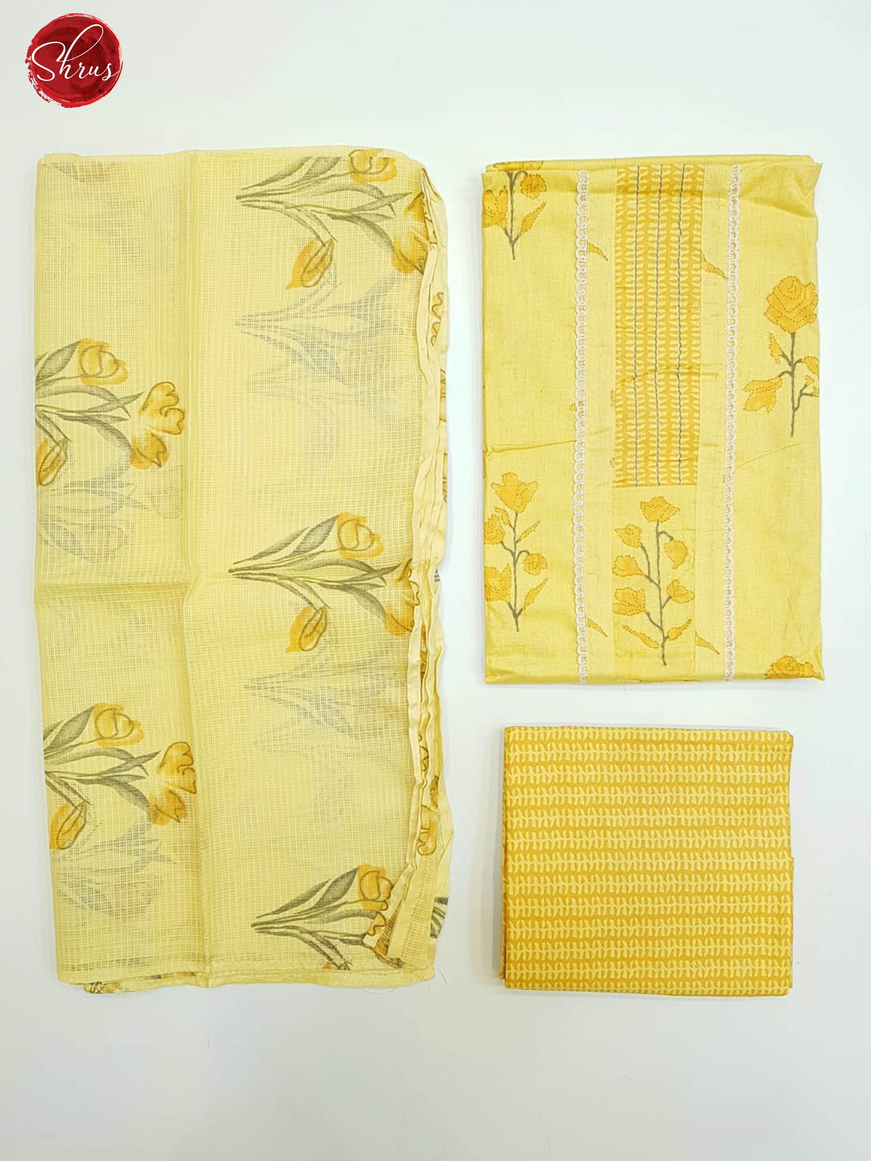 Mustard(Single Tone)- Cotton Salwar Suit with floral printed top , Dupatta(In all suits the left part is the Dupatta , Top right pic is top and Bottom Right is the bottom) - Shop on ShrusEternity.com