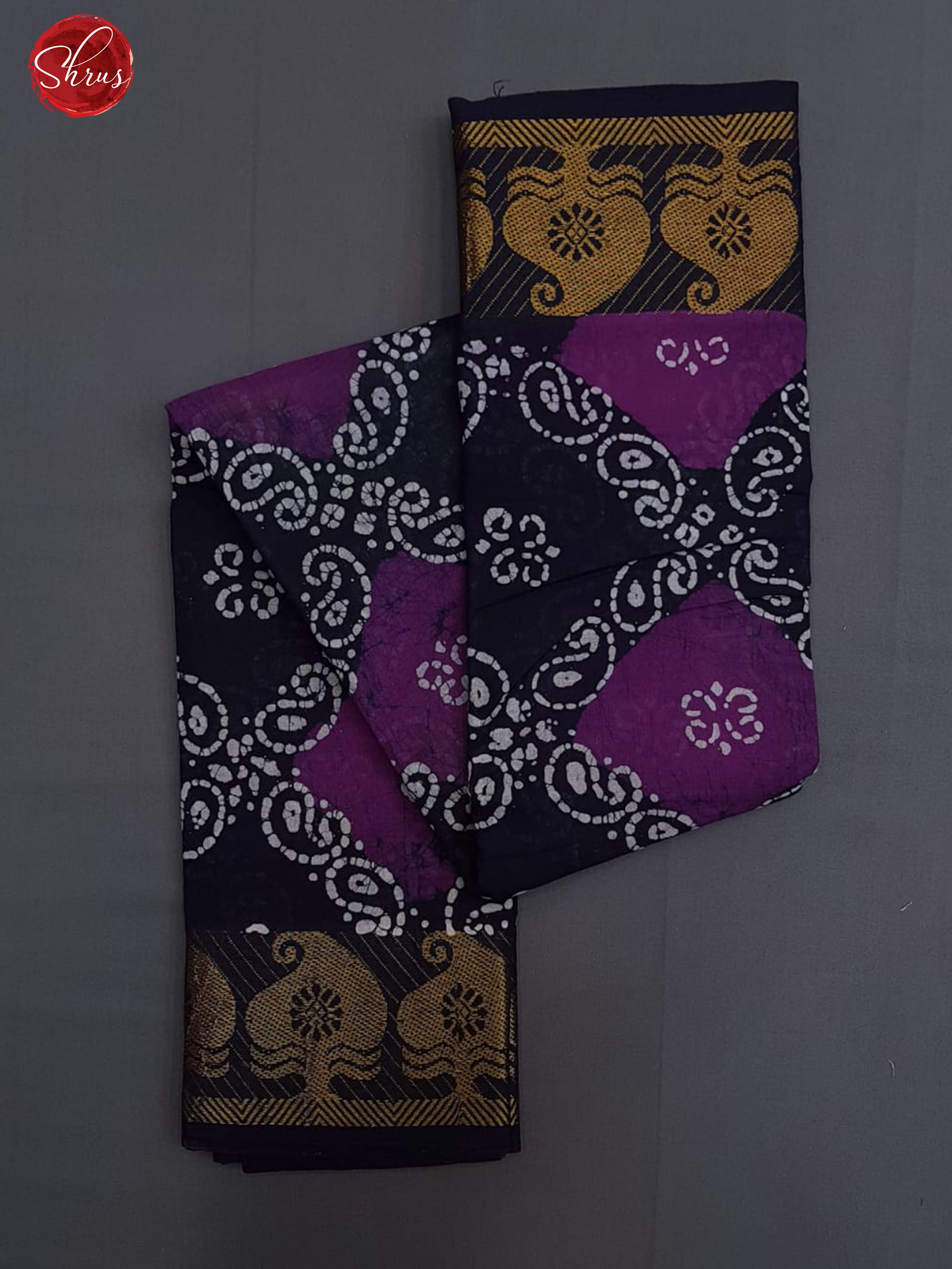 Navy Blue & Purple - Sungudi Cotton with floral print on the body & Zari Border - Shop on ShrusEternity.com