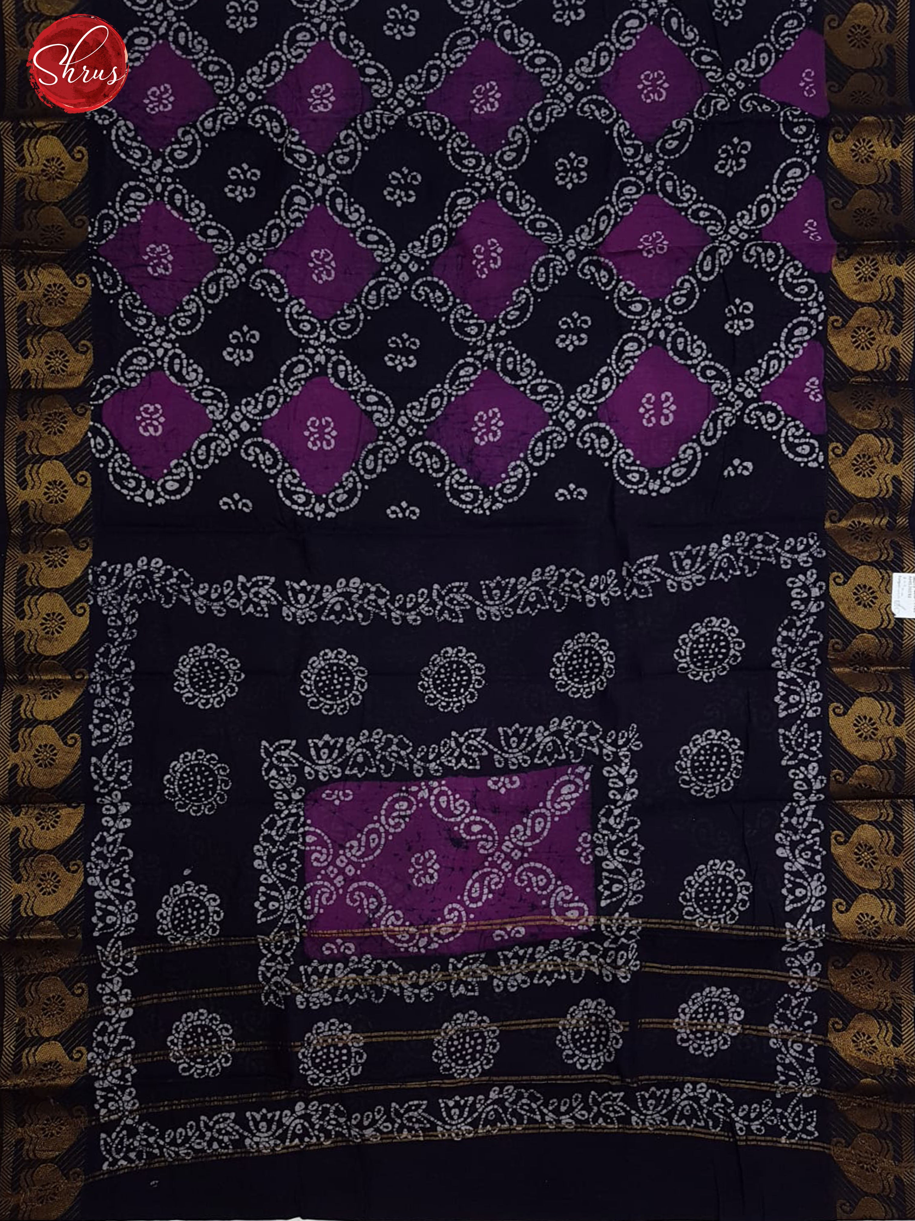 Navy Blue & Purple - Sungudi Cotton with floral print on the body & Zari Border - Shop on ShrusEternity.com