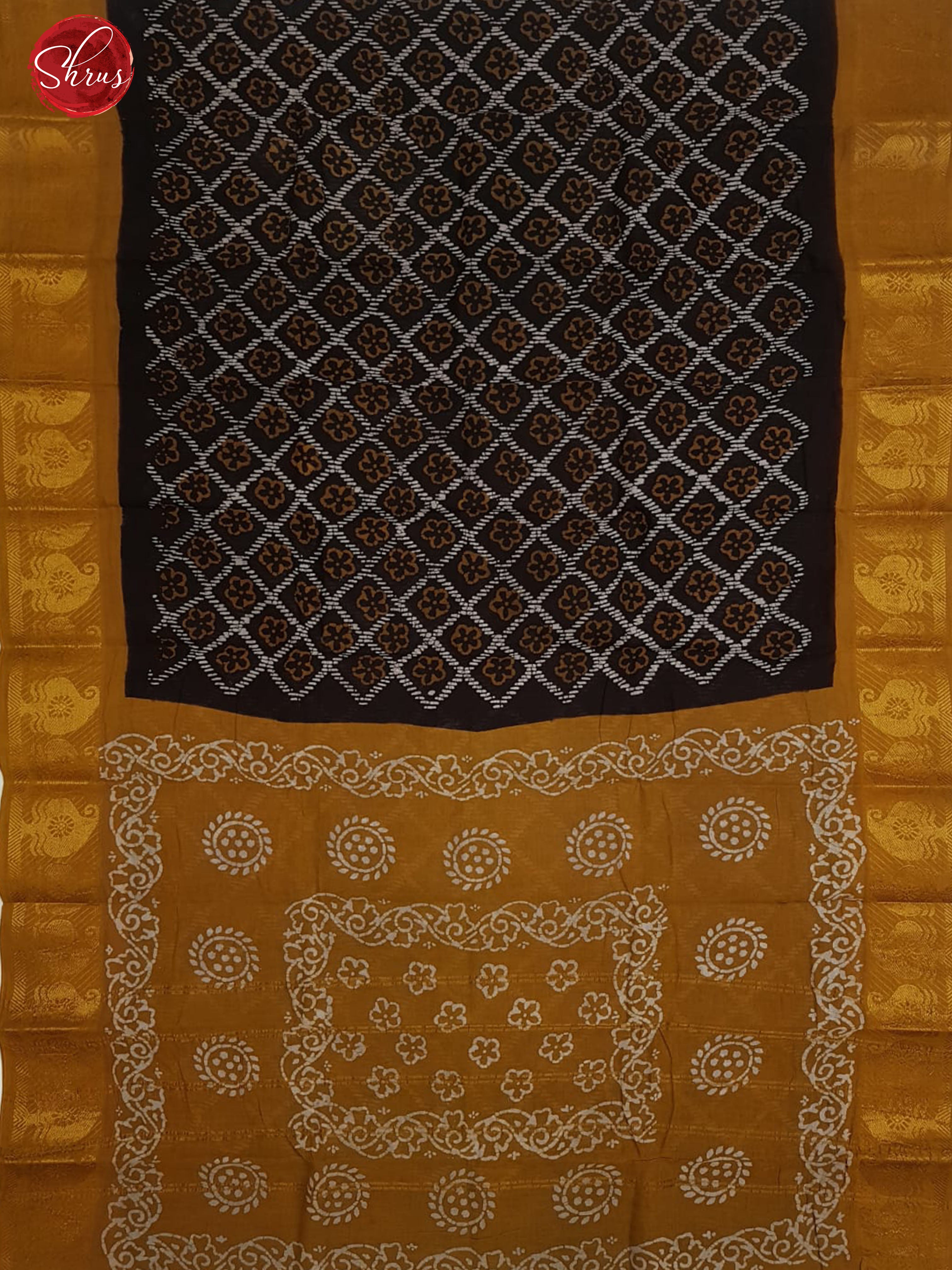 Brown & Mustard - Sungudi Cotton with floral print on the Body & Contrast Zari Border - Shop on ShrusEternity.com