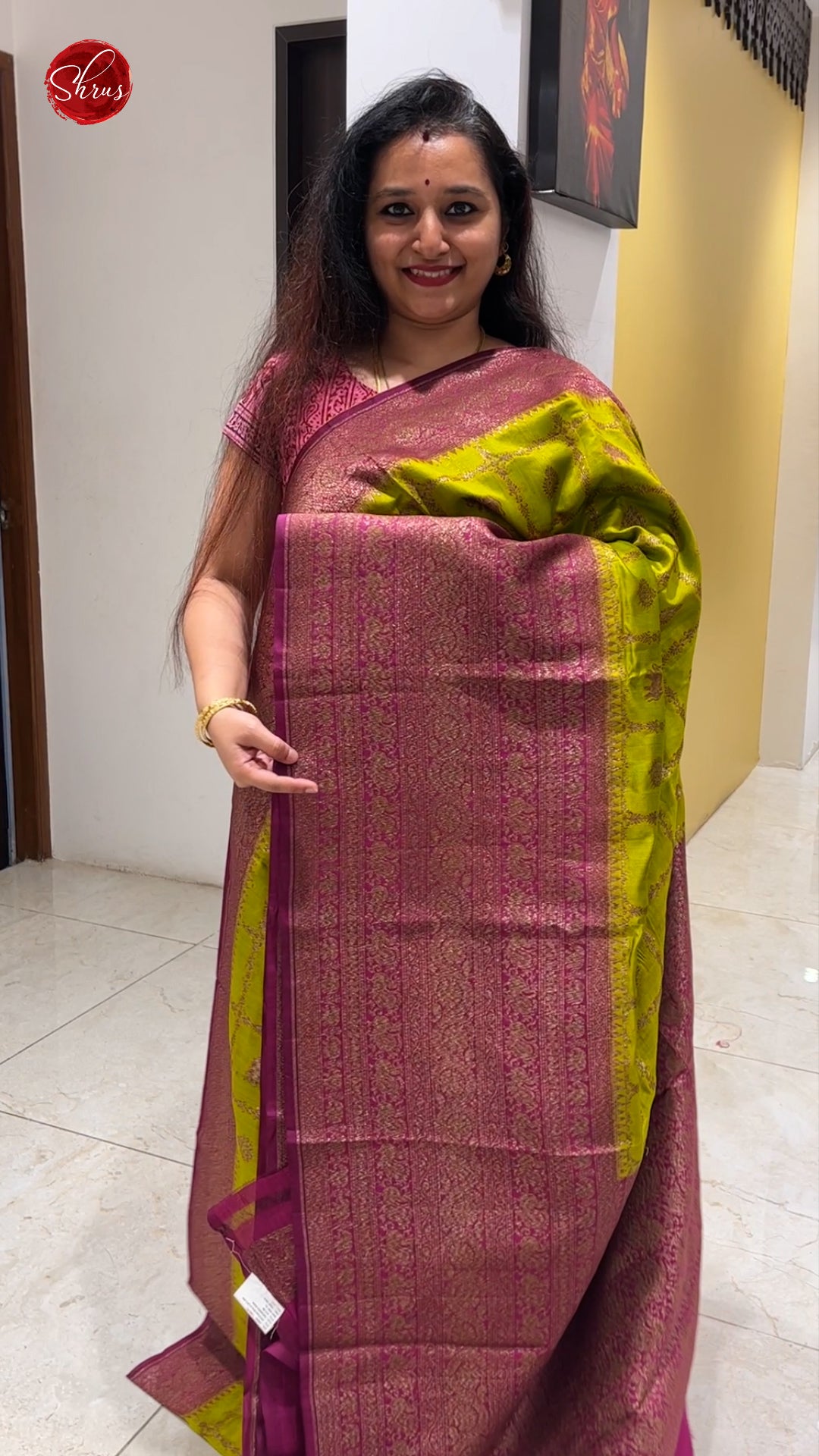 Green & Wine - Banarasi Silk with Zari woven checks , floral , peacock motifs on the body & Contrast Zari Border - Shop on ShrusEternity.com